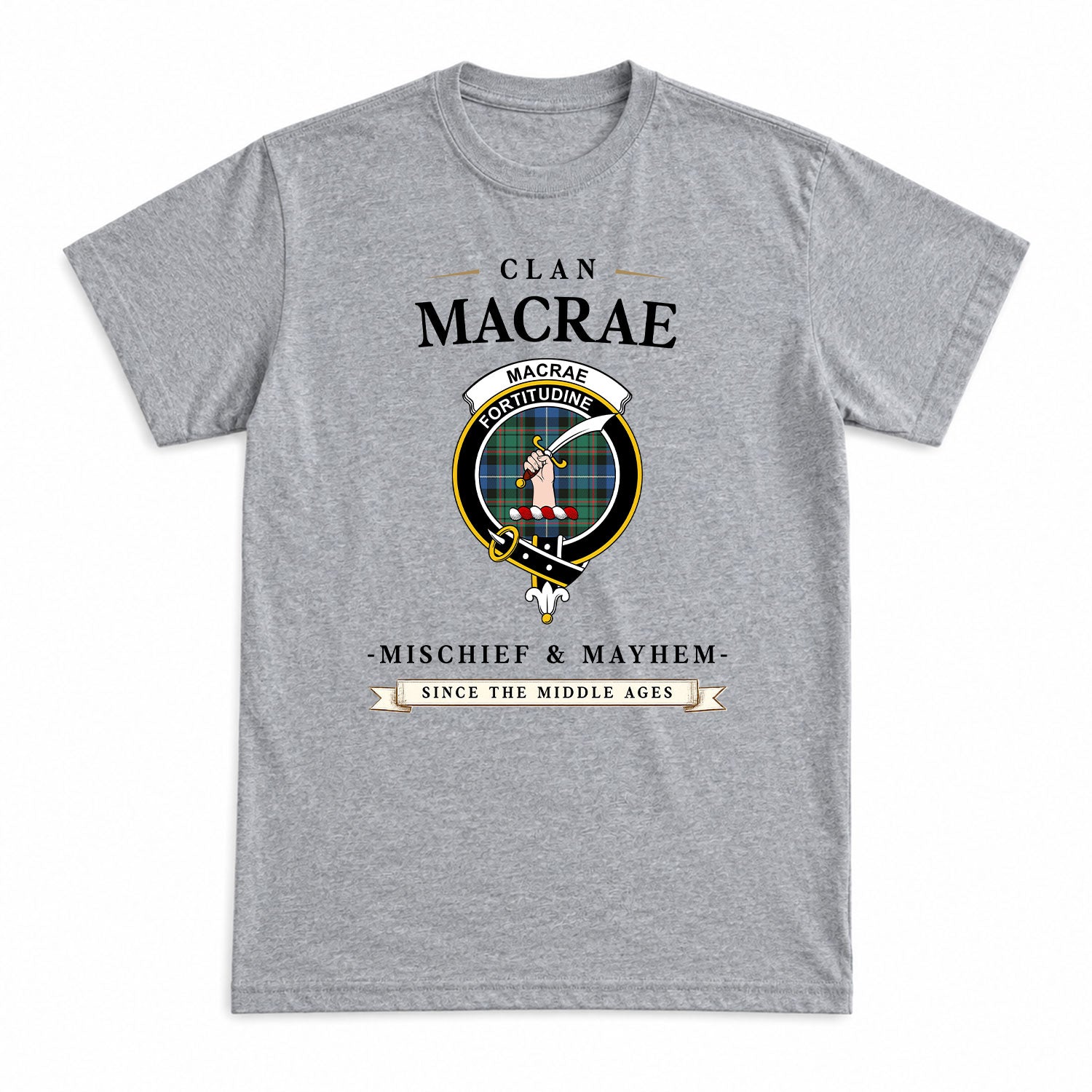 MacRae Hunting Ancient Tartan Crest Mischief and Mayhem T-shirt