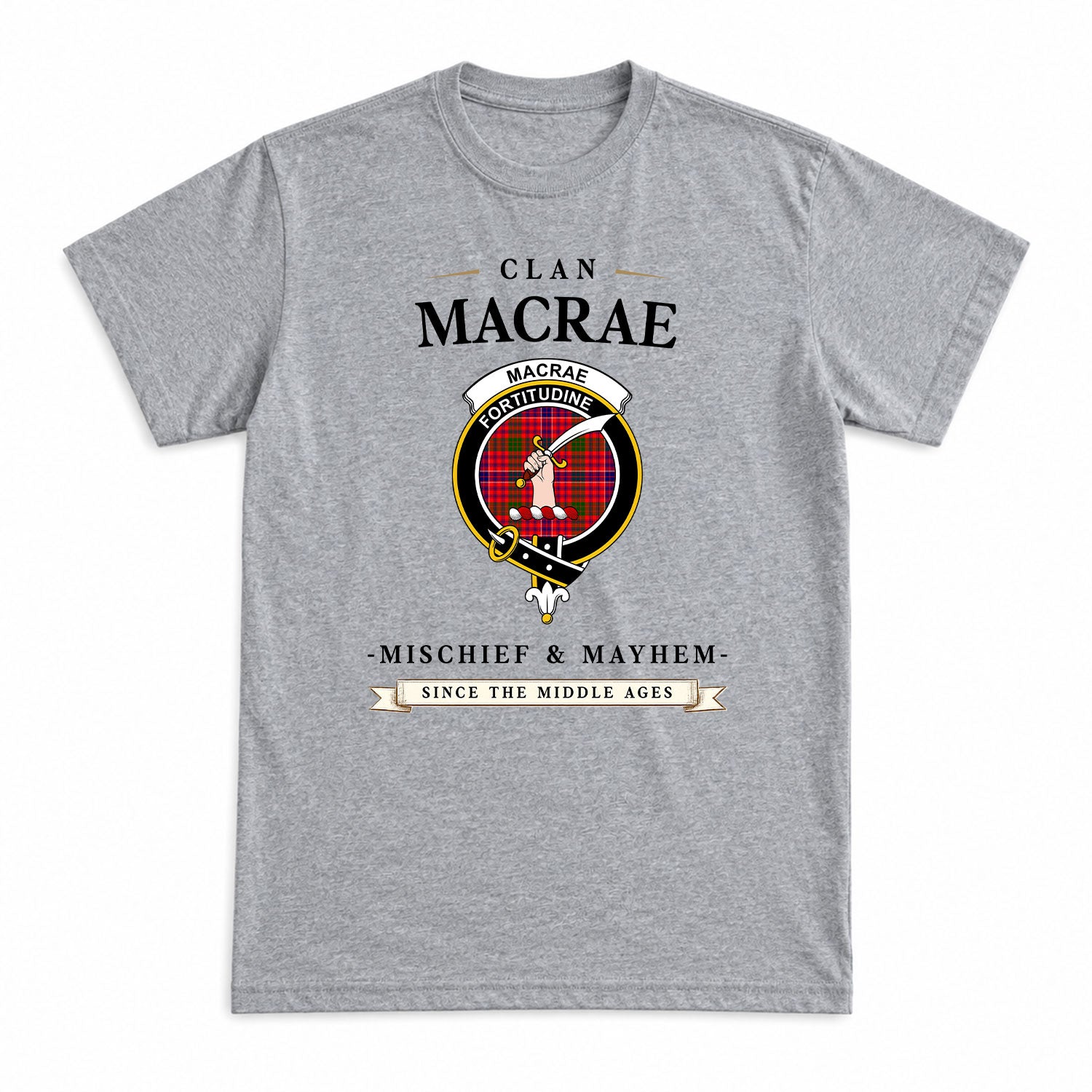 MacRae Modern Tartan Crest Mischief and Mayhem T-shirt