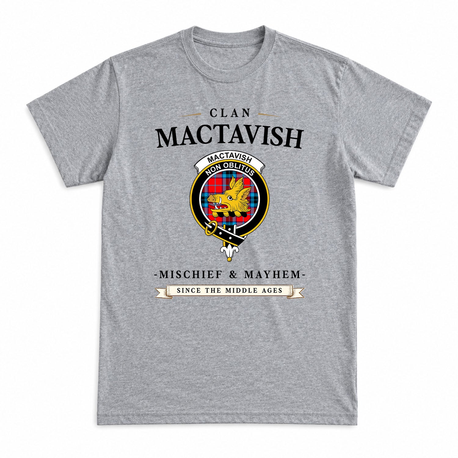 MacTavish Modern Tartan Crest Mischief and Mayhem T-shirt