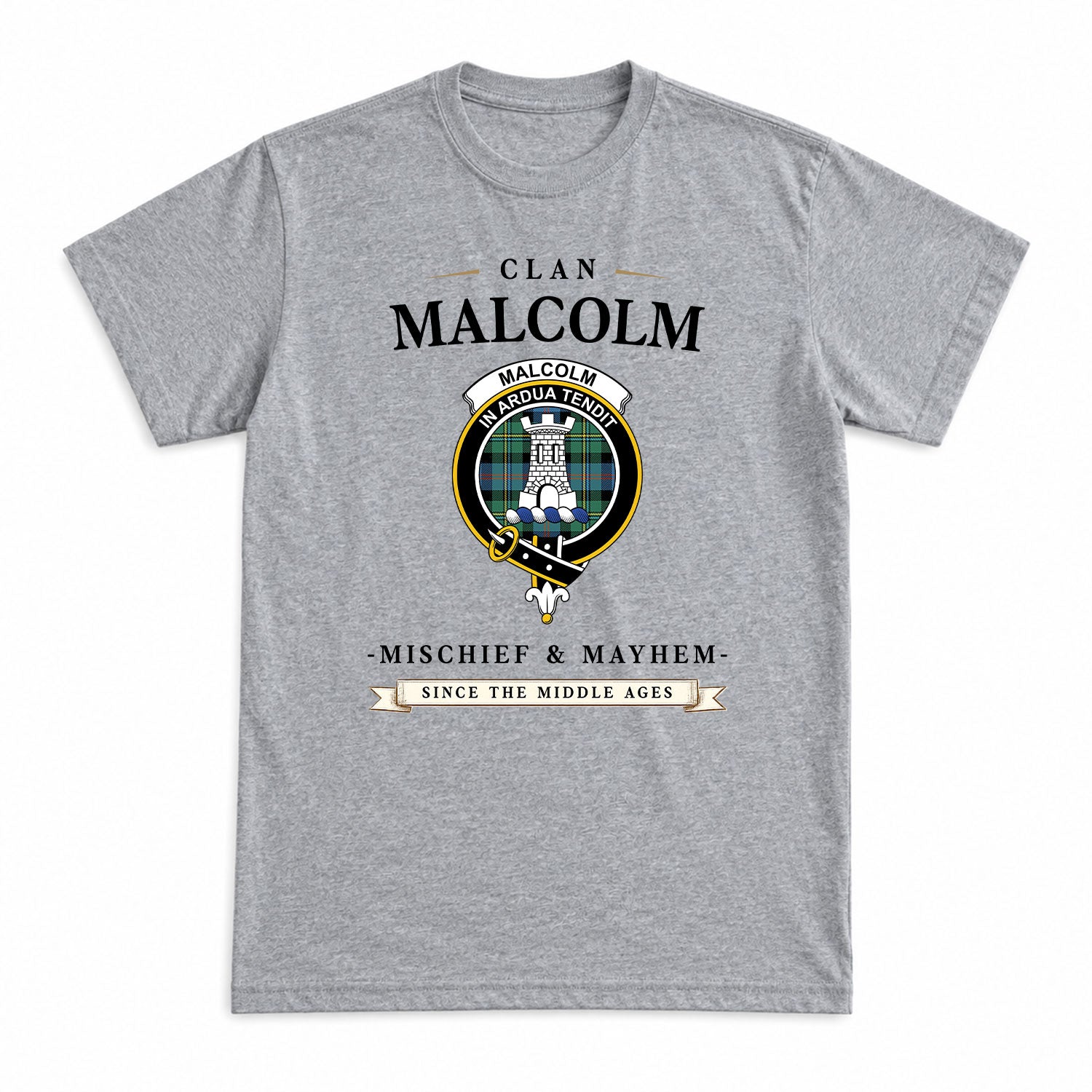 Malcolm Ancient Tartan Crest Mischief and Mayhem T-shirt