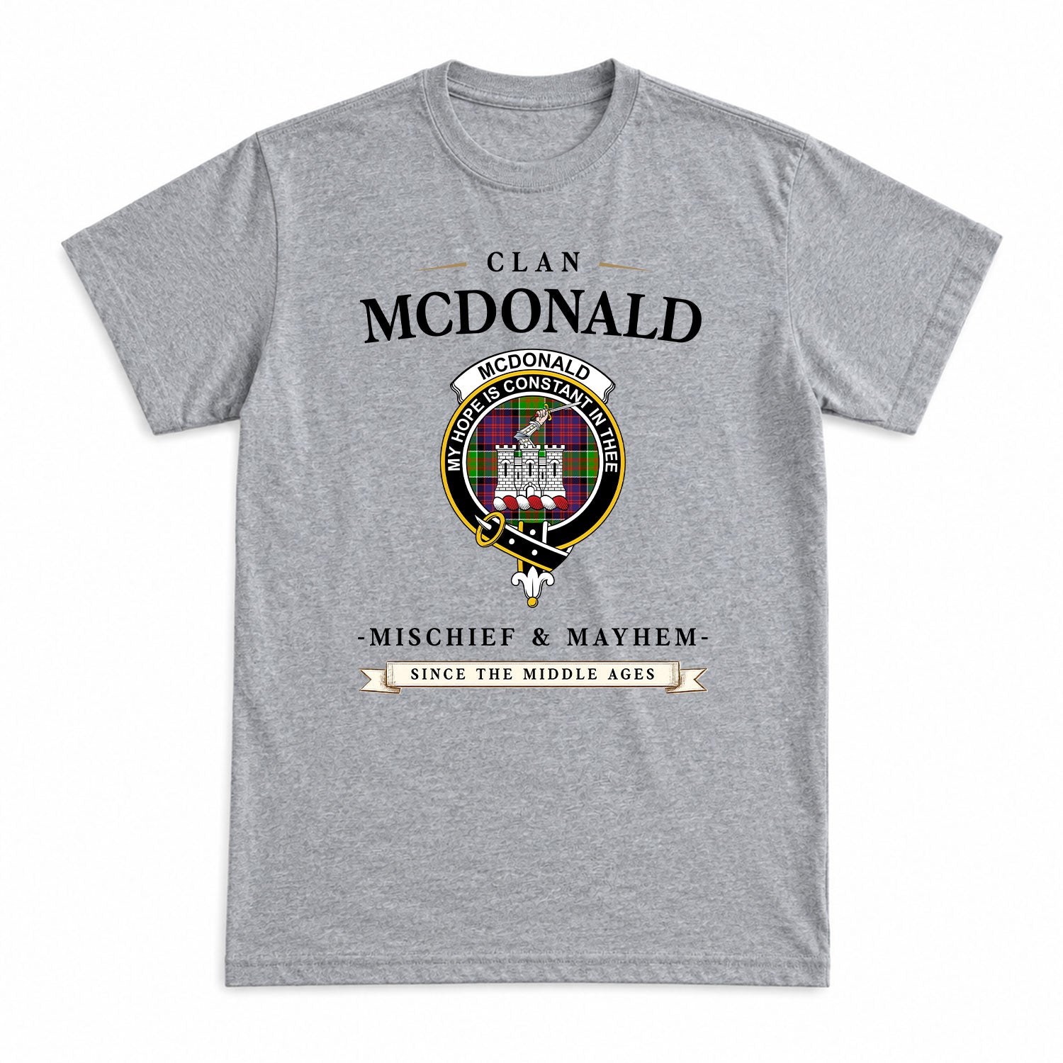 McDonald (Clan Ranald) Tartan Crest Mischief and Mayhem T-shirt