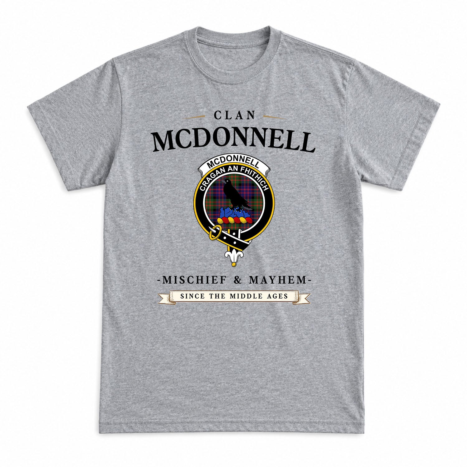 McDonnell of Glengarry Modern Tartan Crest Mischief and Mayhem T-shirt