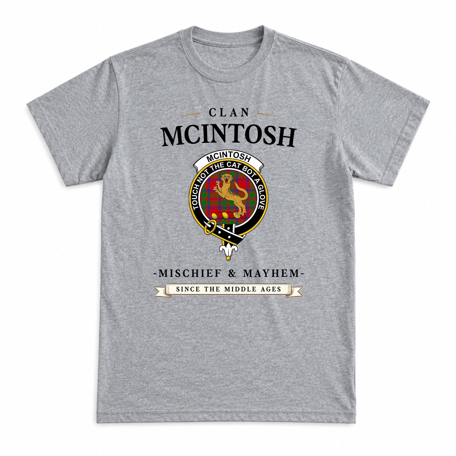 McIntosh Modern Tartan Crest Mischief and Mayhem T-shirt