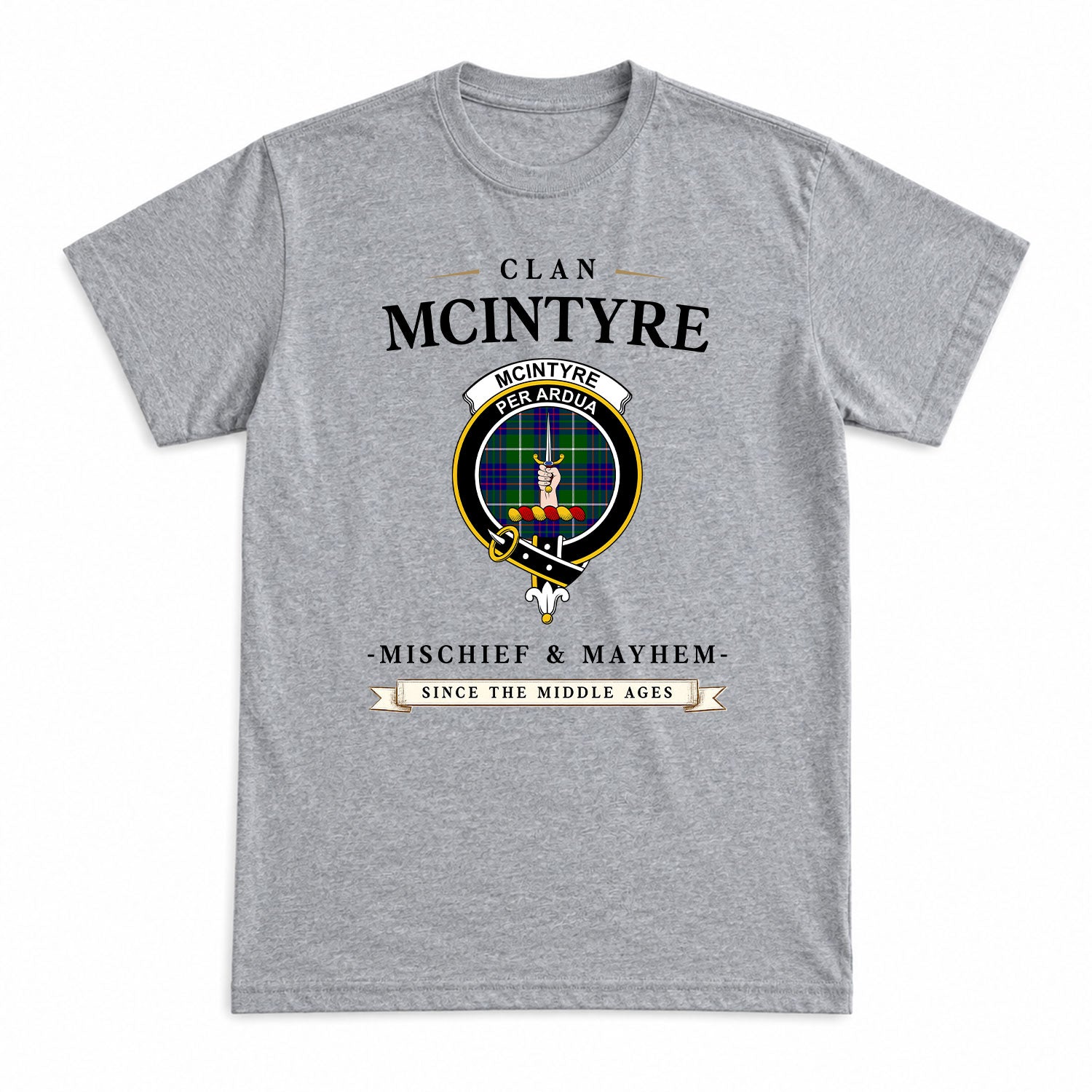 McIntyre Hunting Modern Tartan Crest Mischief and Mayhem T-shirt