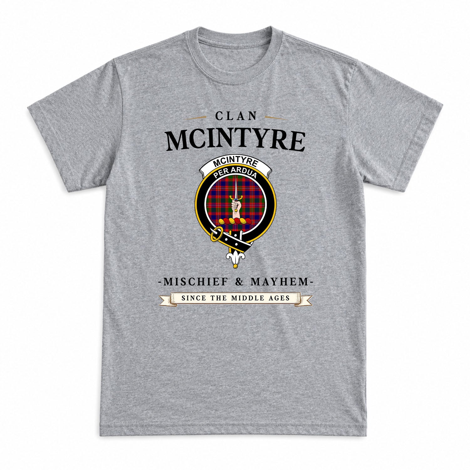 McIntyre Modern Tartan Crest Mischief and Mayhem T-shirt