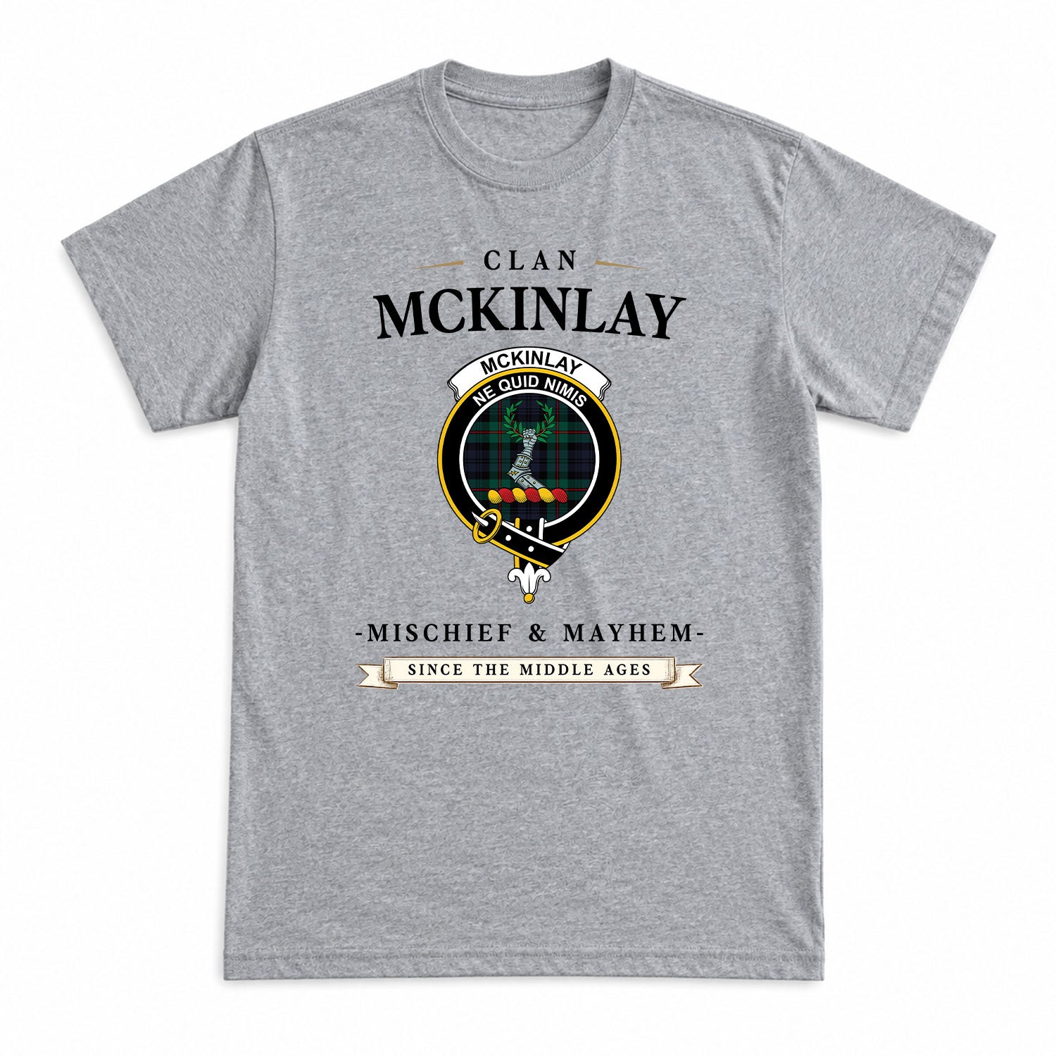 McKinlay Modern Tartan Crest Mischief and Mayhem T-shirt
