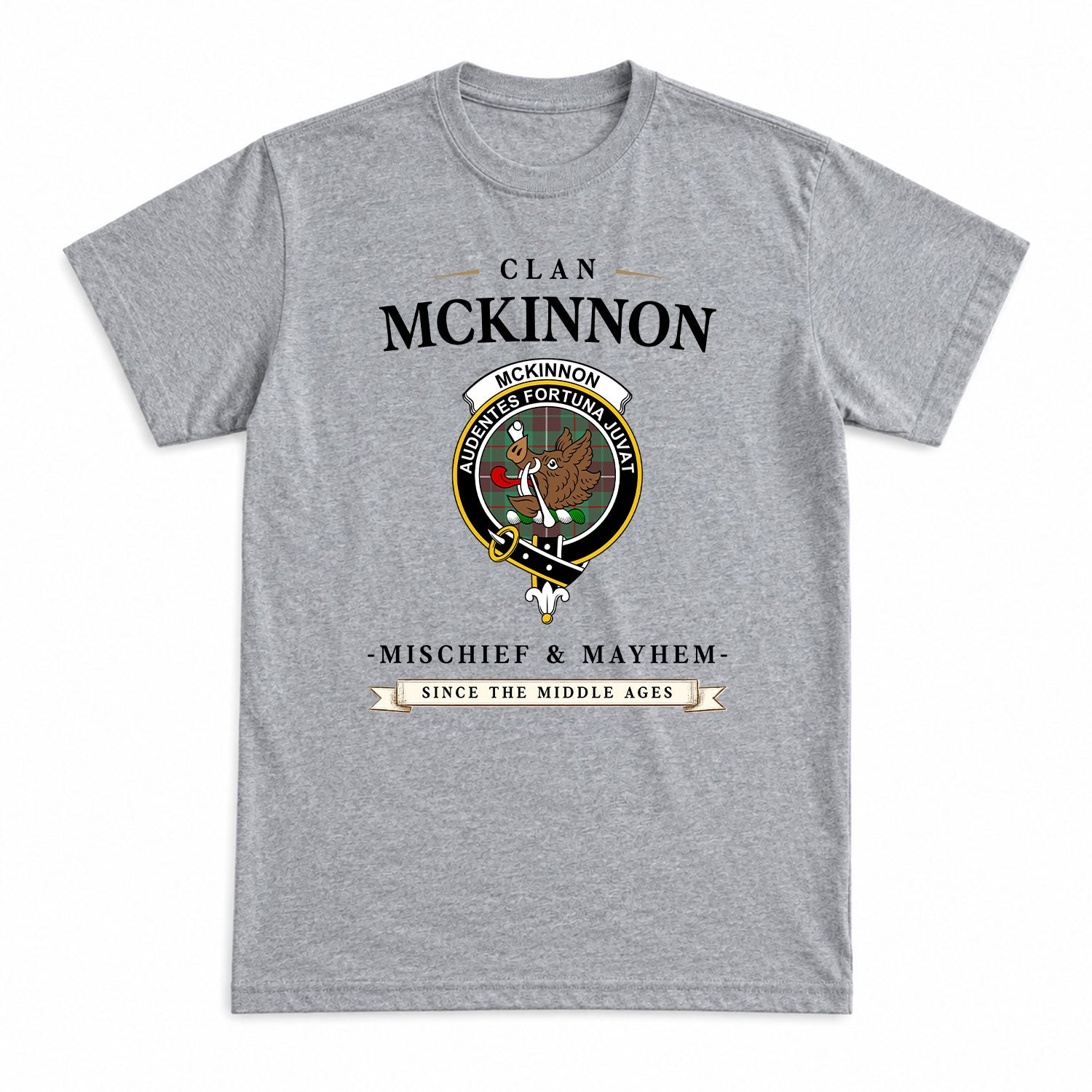 McKinnon Hunting Ancient Tartan Crest Mischief and Mayhem T-shirt