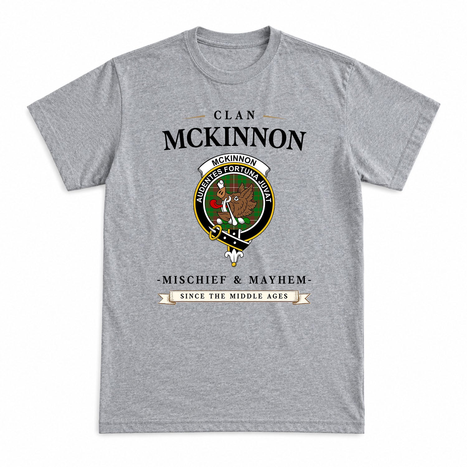 McKinnon Hunting Modern Tartan Crest Mischief and Mayhem T-shirt