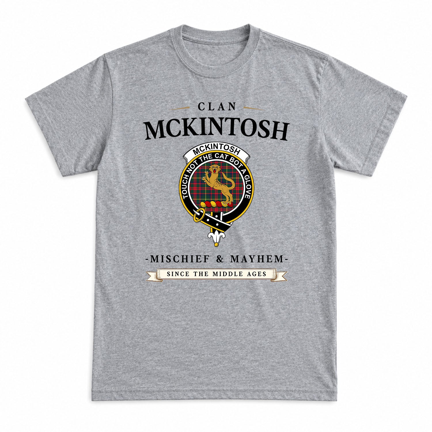 McKintosh Hunting Modern Tartan Crest Mischief and Mayhem T-shirt