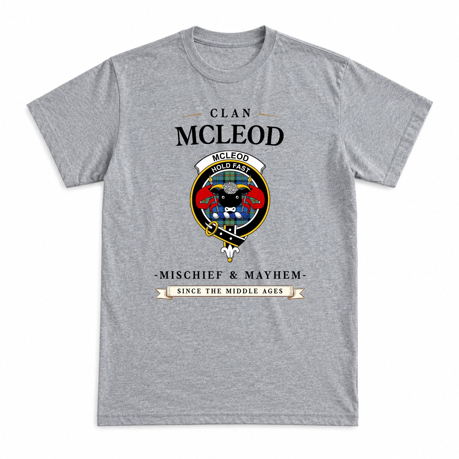 McLeod of Harris Ancient Tartan Crest Mischief and Mayhem T-shirt