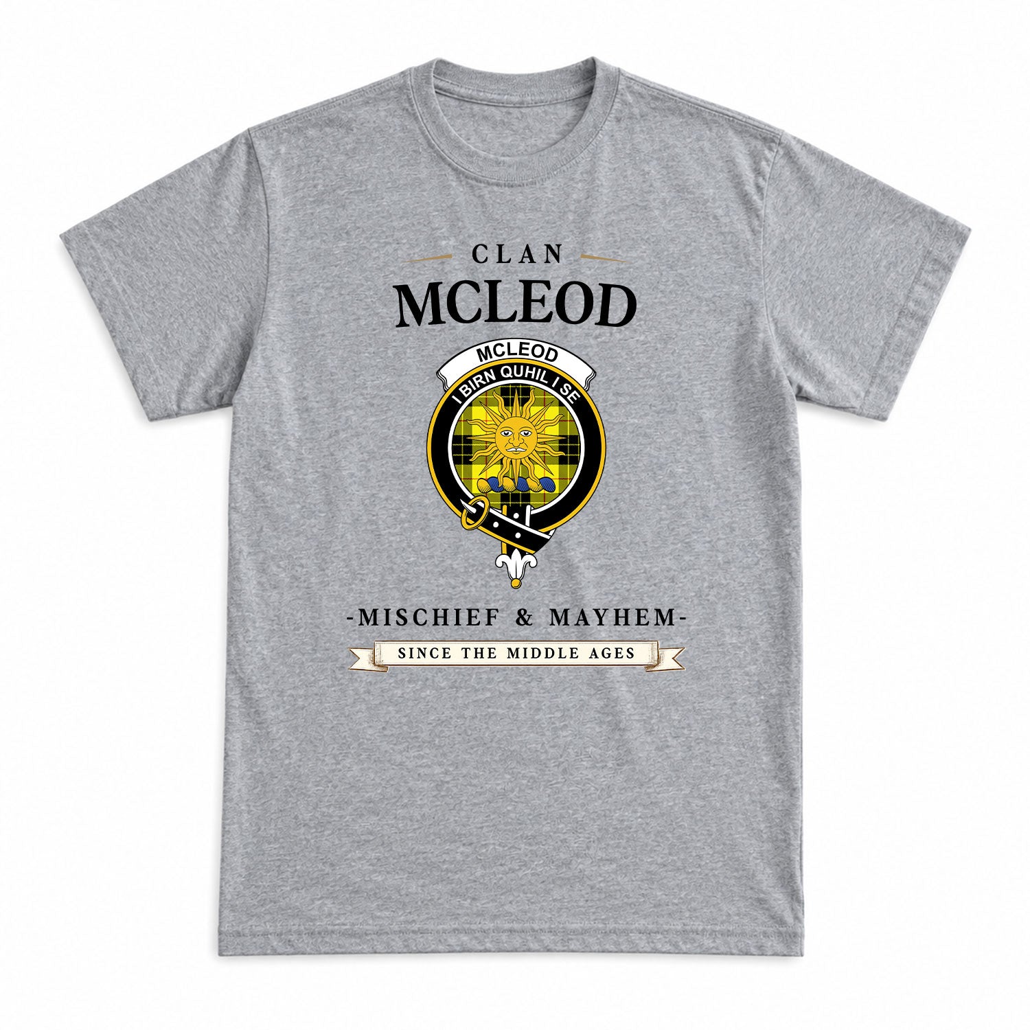 McLeod of Lewis Modern Tartan Crest Mischief and Mayhem T-shirt