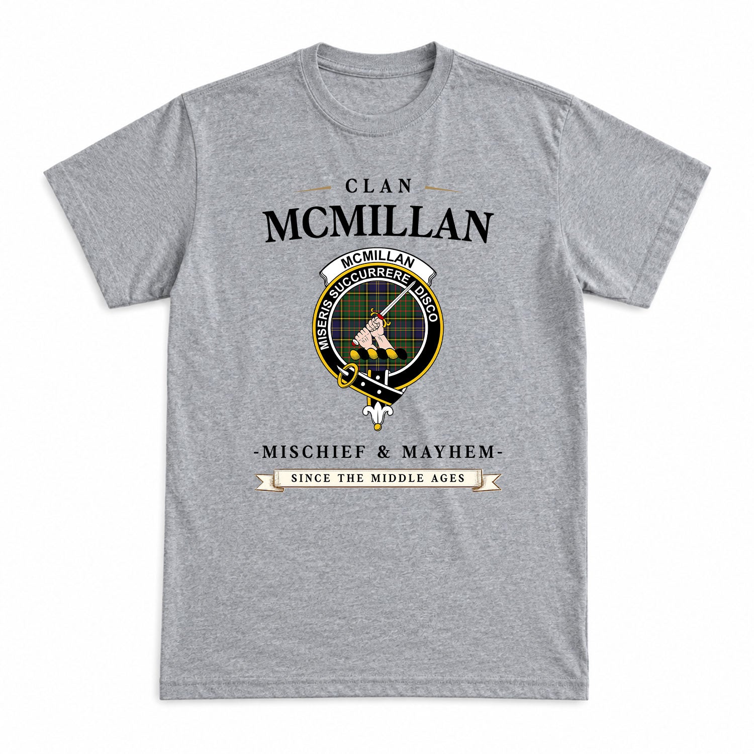 McMillan Hunting Modern Tartan Crest Mischief and Mayhem T-shirt