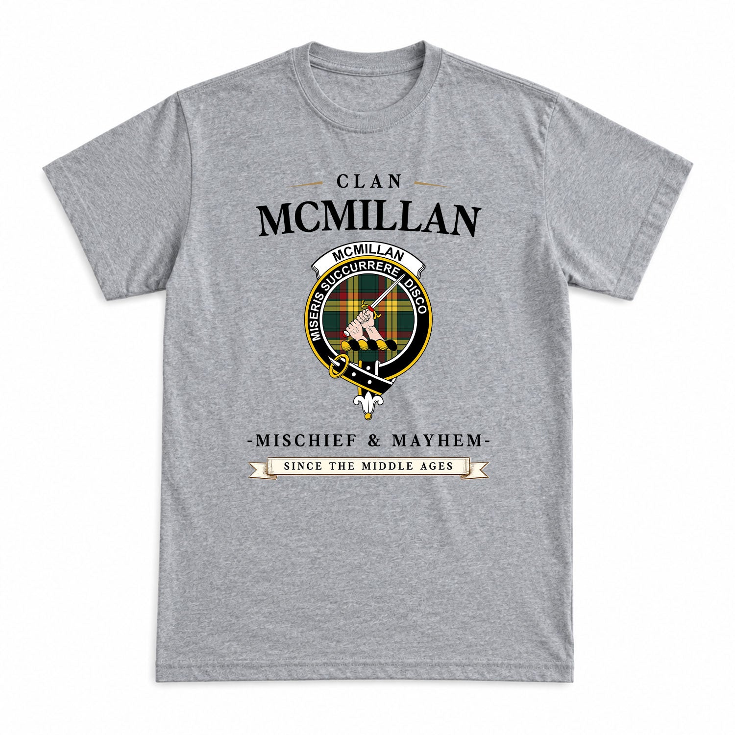 McMillan Old Modern Tartan Crest Mischief and Mayhem T-shirt