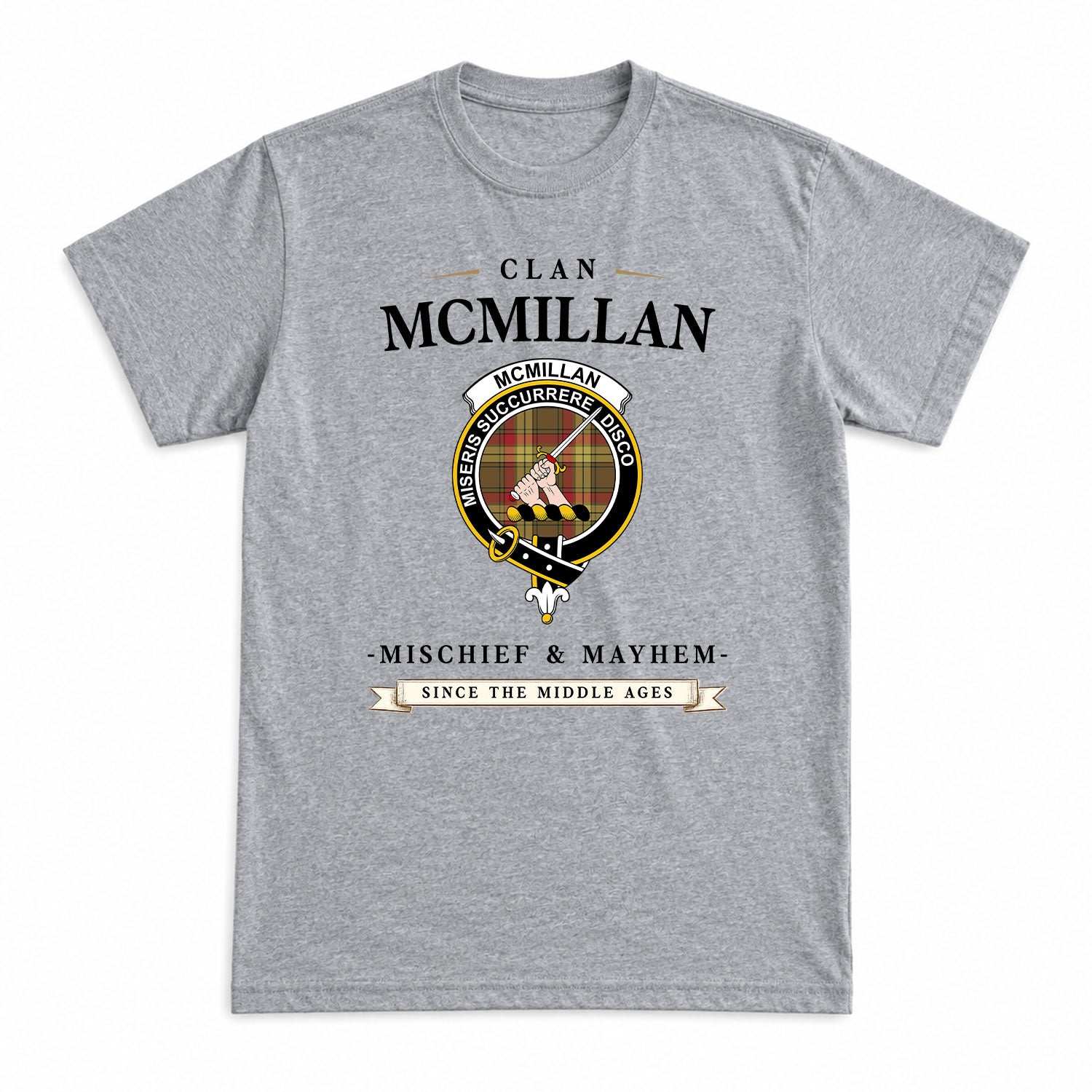 McMillan Old Weathered Tartan Crest Mischief and Mayhem T-shirt