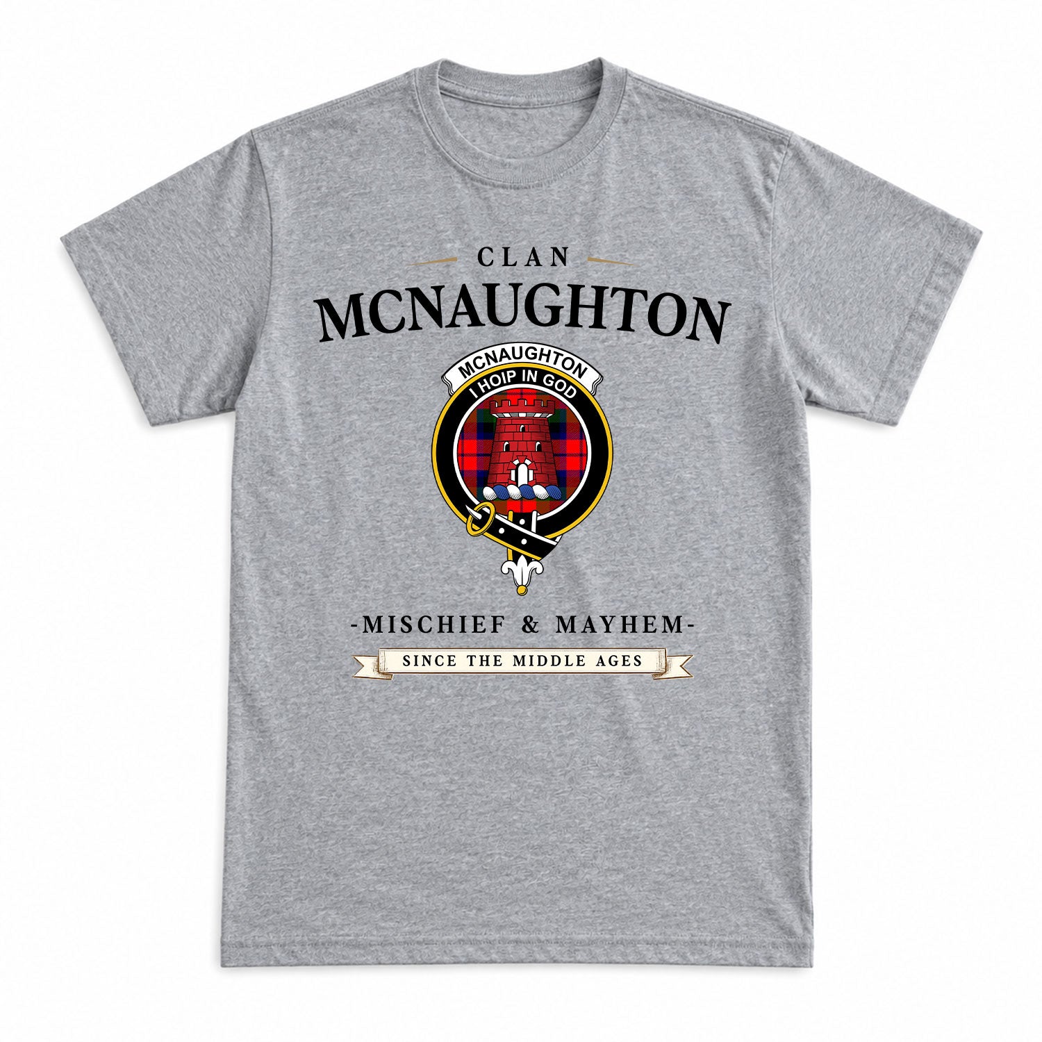 McNaughton Modern Tartan Crest Mischief and Mayhem T-shirt