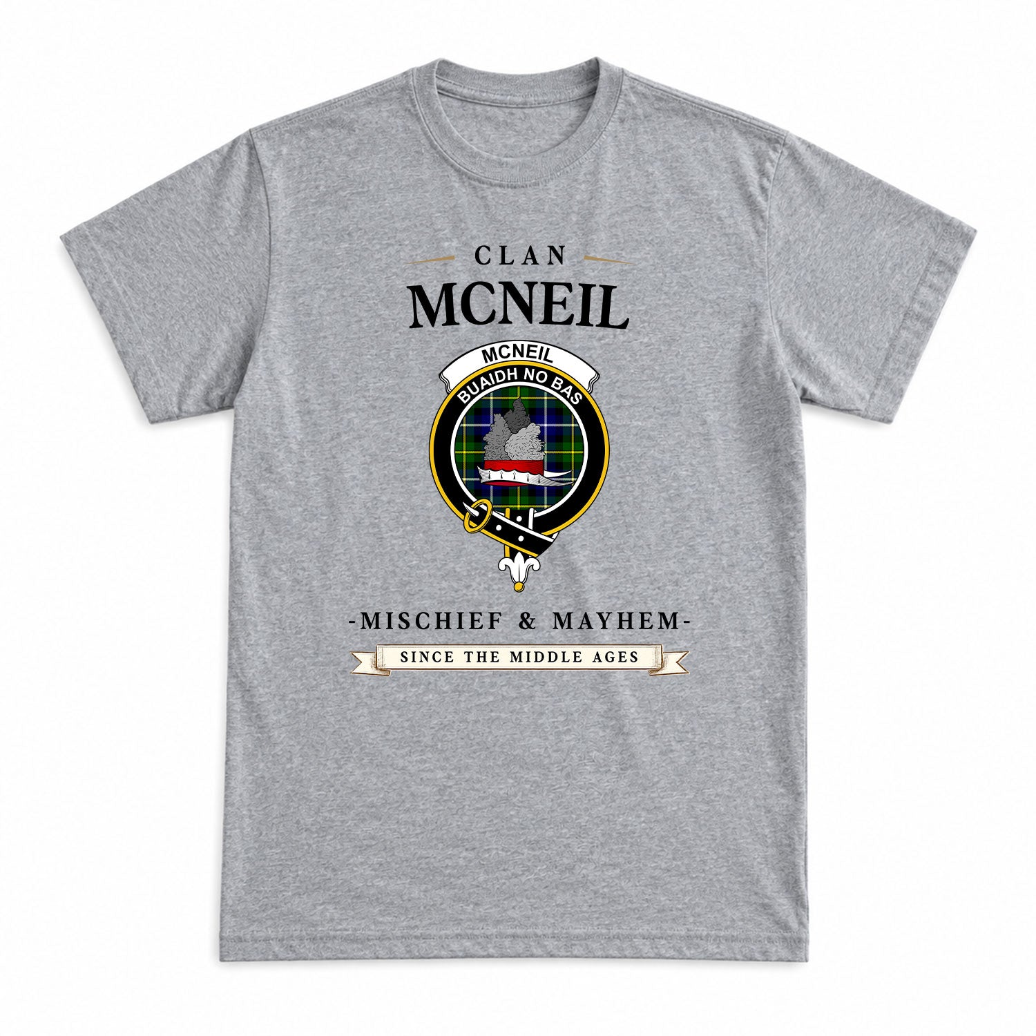 McNeil of Barra Modern Tartan Crest Mischief and Mayhem T-shirt
