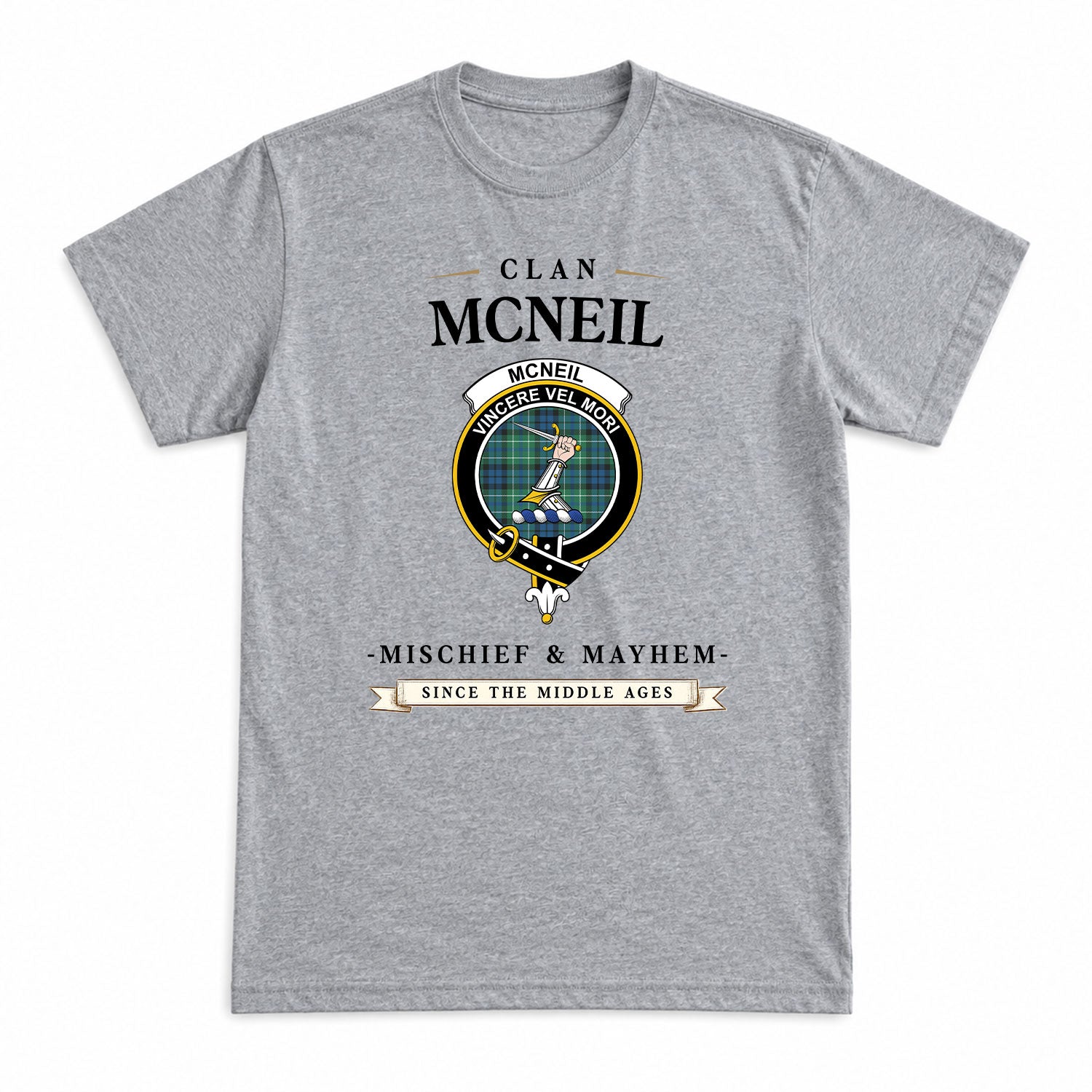 McNeil of Colonsay Ancient Tartan Crest Mischief and Mayhem T-shirt