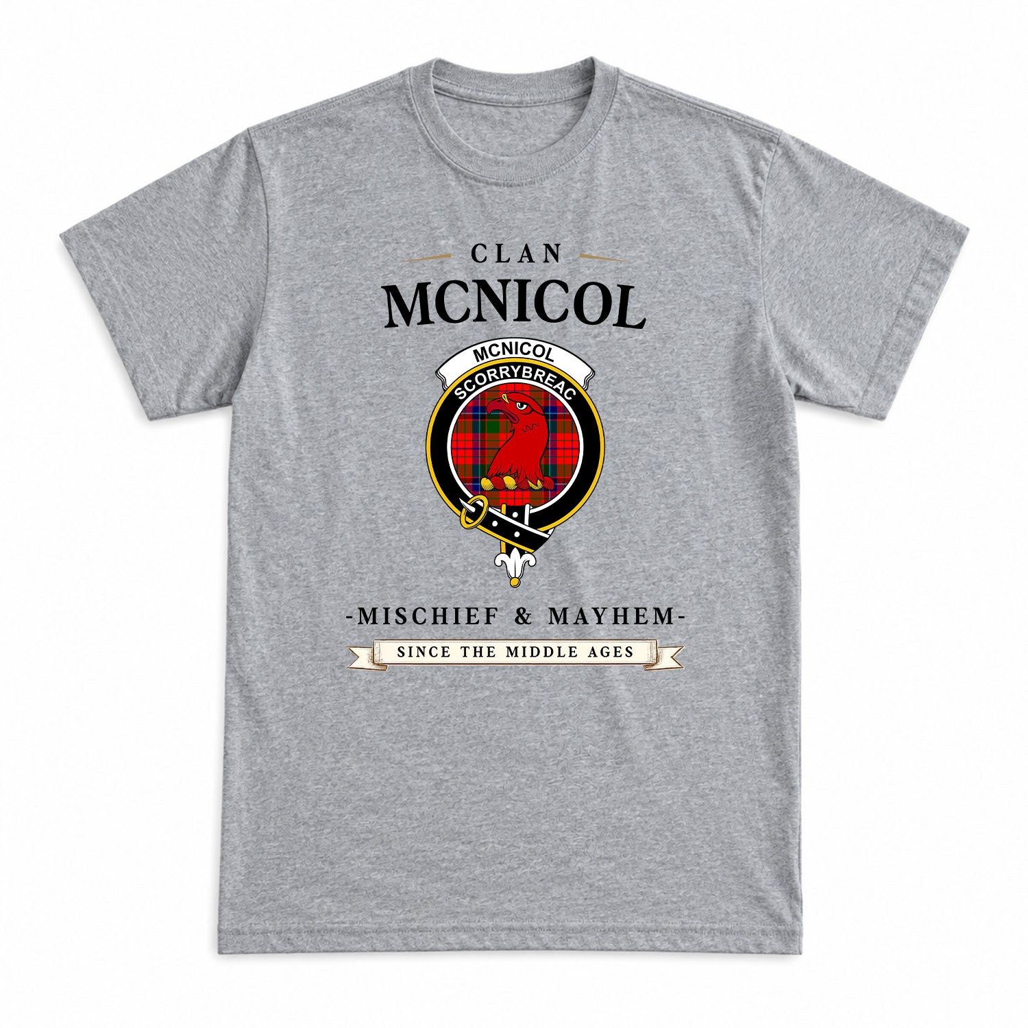 McNicol (of Scorrybreac) Tartan Crest Mischief and Mayhem T-shirt