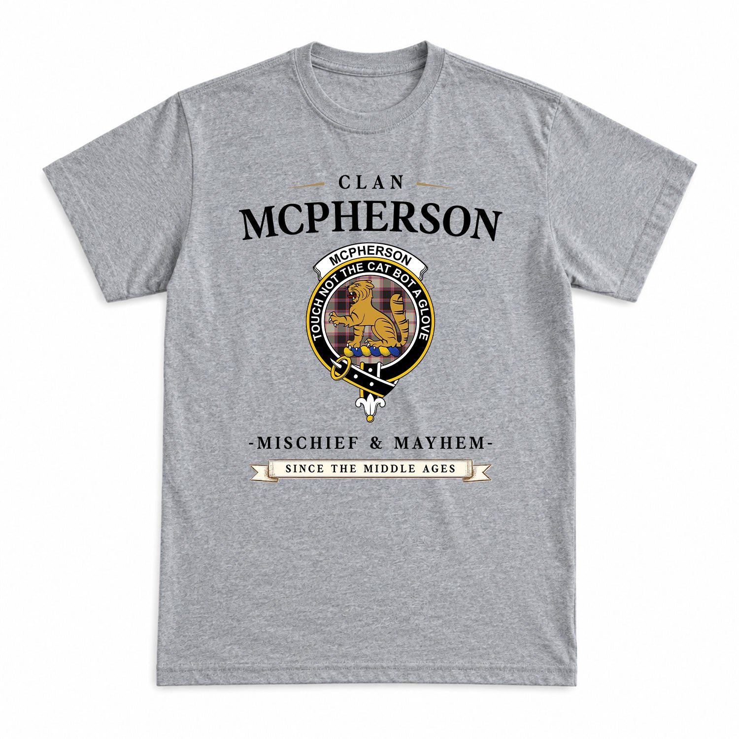 McPherson Hunting Ancient Tartan Crest Mischief and Mayhem T-shirt