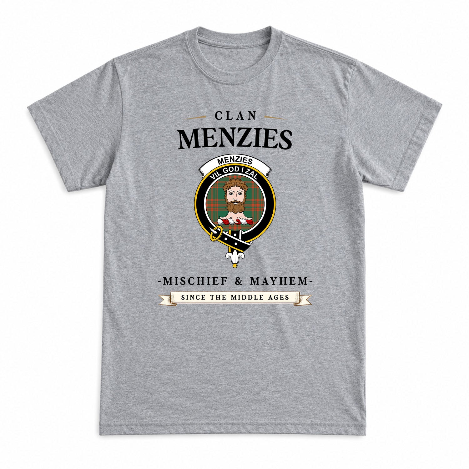 Menzies Green Ancient Tartan Crest Mischief and Mayhem T-shirt