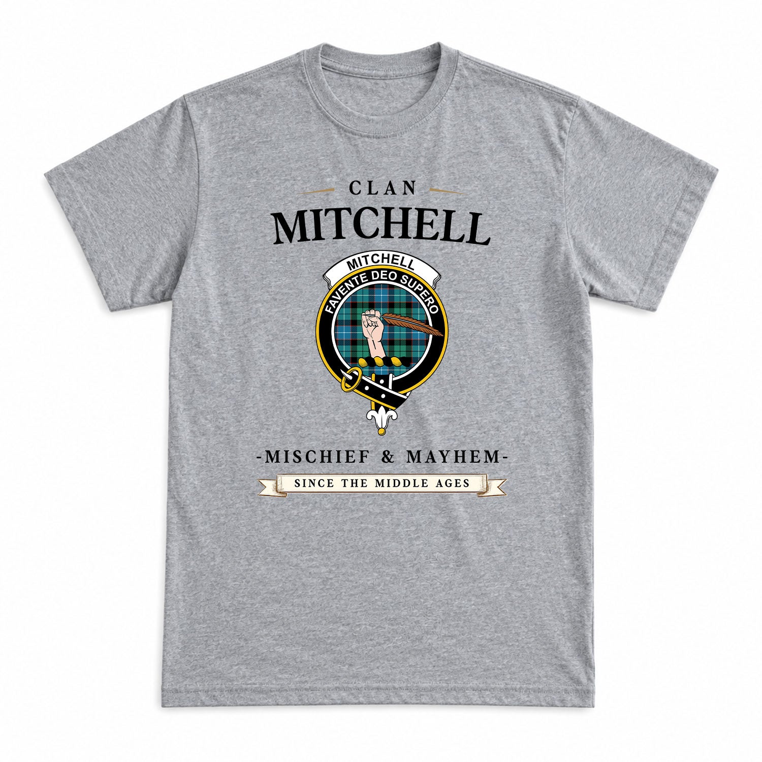 Mitchell Ancient Tartan Crest Mischief and Mayhem T-shirt
