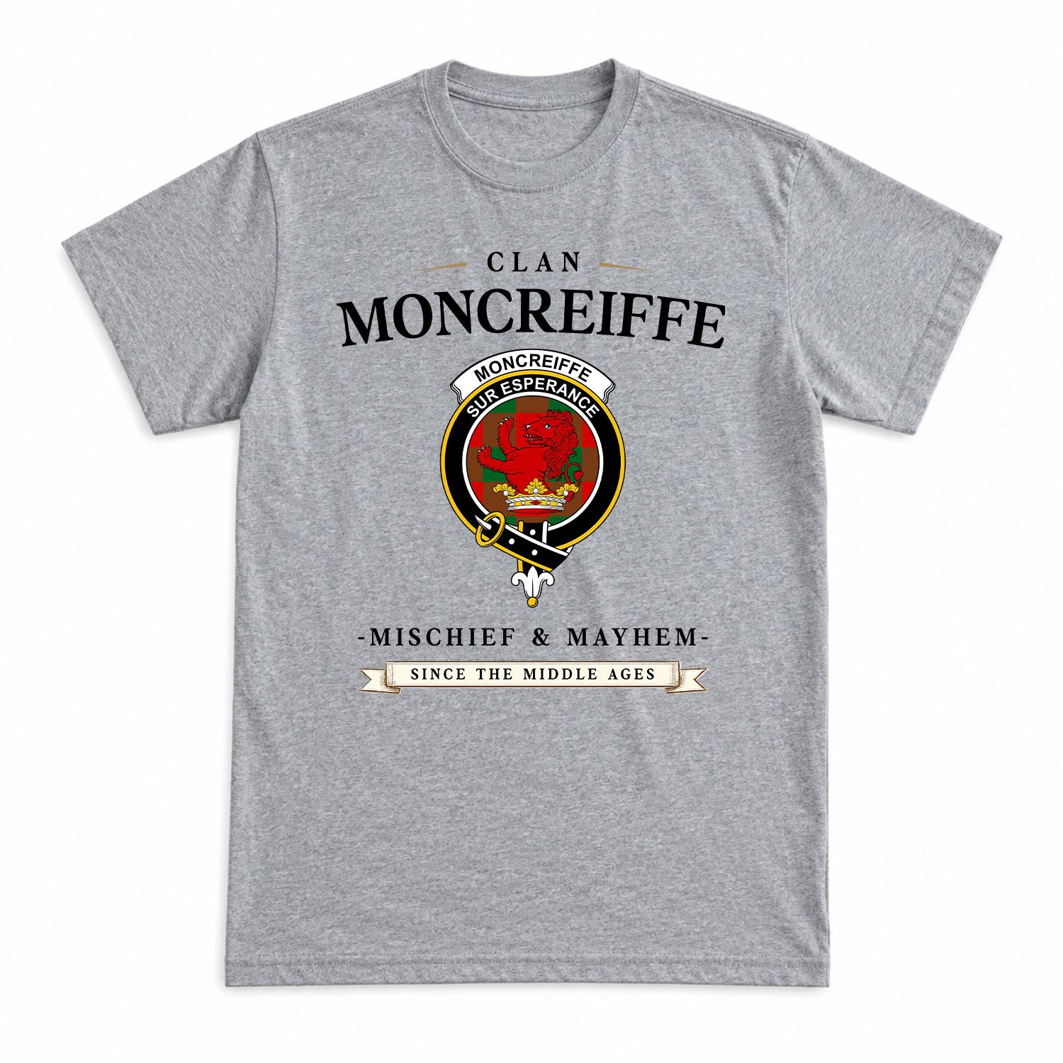 Moncreiffe (or Moncreiff) Tartan Crest Mischief and Mayhem T-shirt
