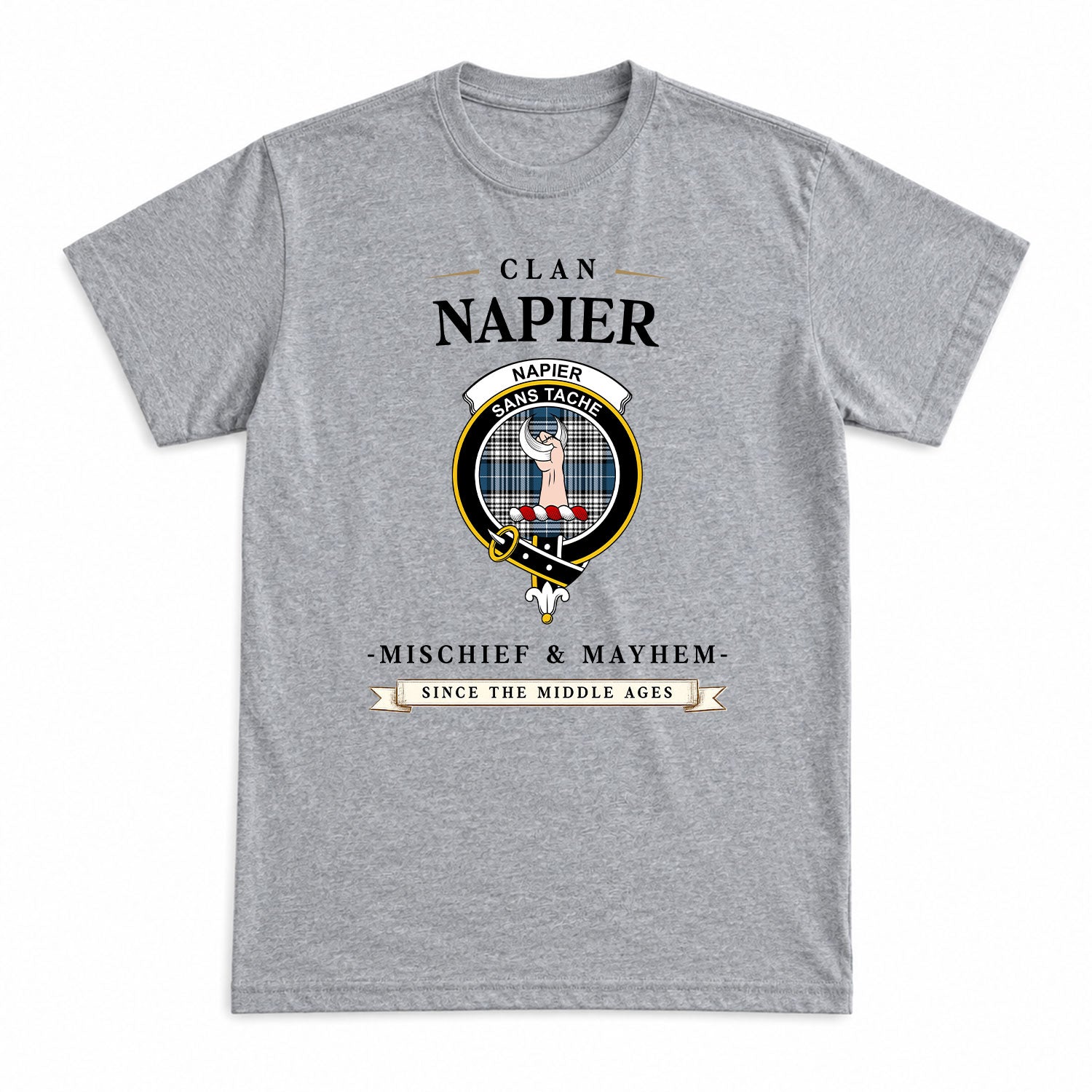 Napier Modern Tartan Crest Mischief and Mayhem T-shirt