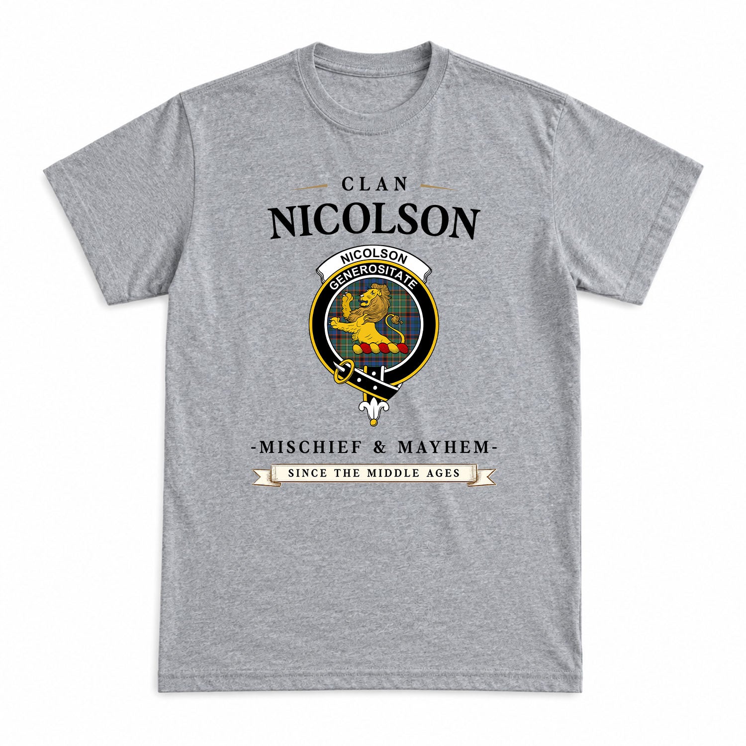 Nicolson Hunting Ancient Tartan Crest Mischief and Mayhem T-shirt