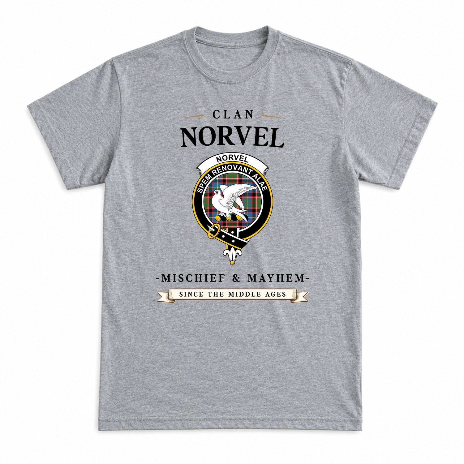 Norvel (or Norvill) Tartan Crest Mischief and Mayhem T-shirt