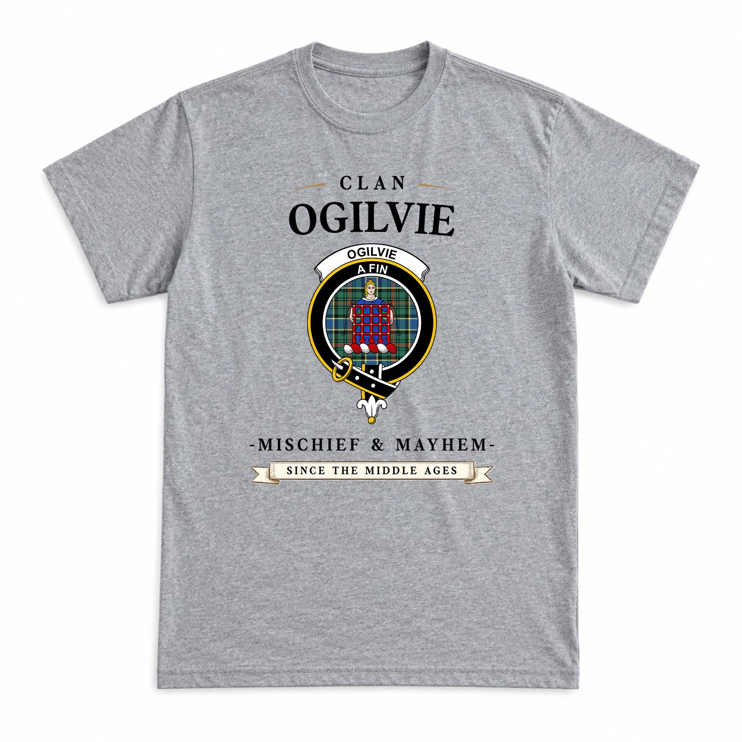 Ogilvie Hunting Ancient Tartan Crest Mischief and Mayhem T-shirt