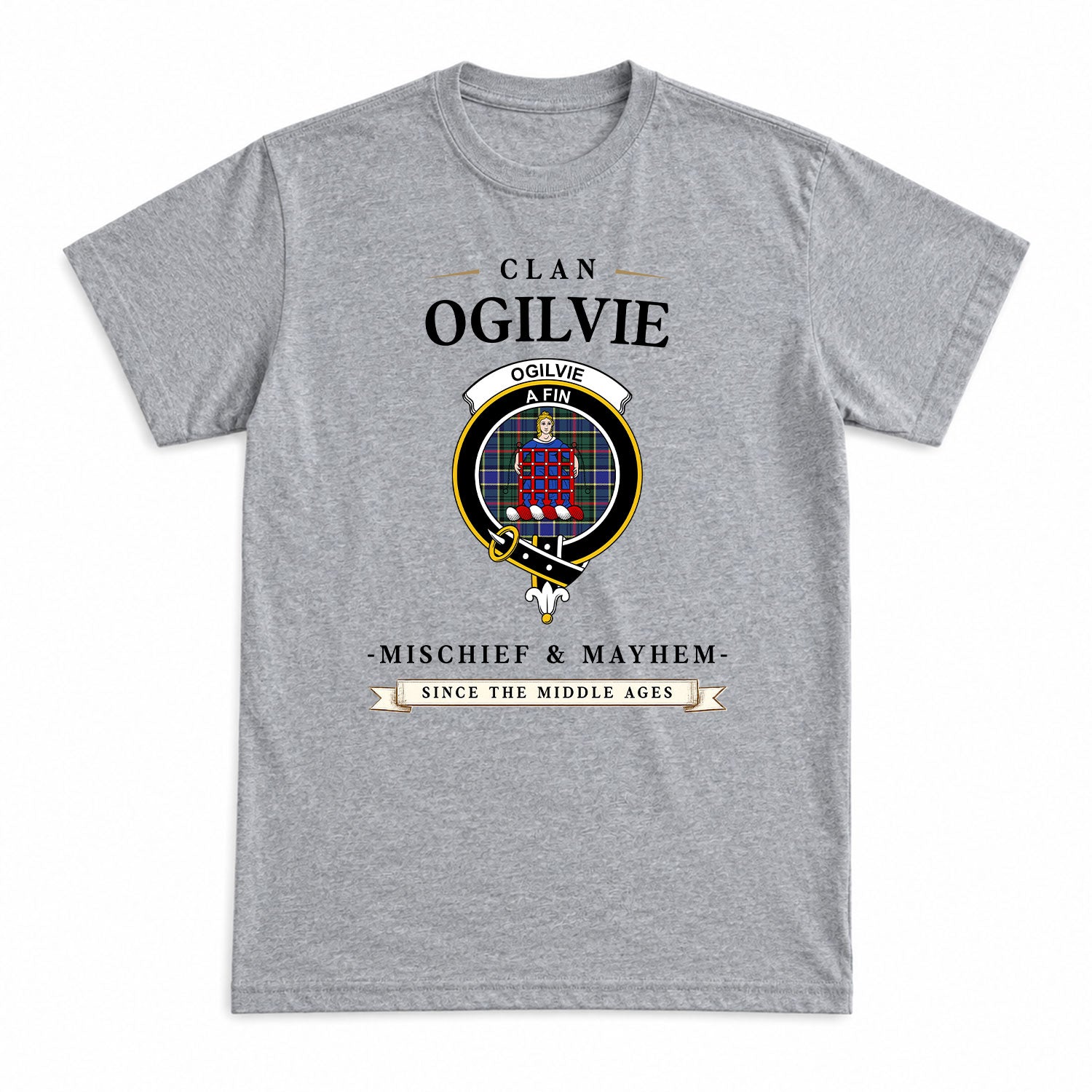 Ogilvie Hunting Modern Tartan Crest Mischief and Mayhem T-shirt