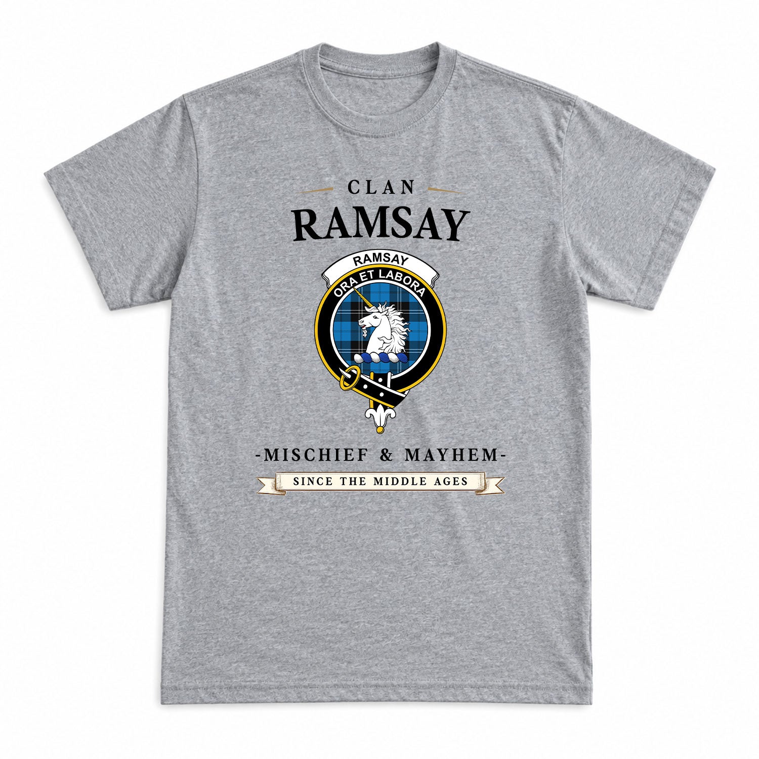 Ramsay Blue Ancient Tartan Crest Mischief and Mayhem T-shirt