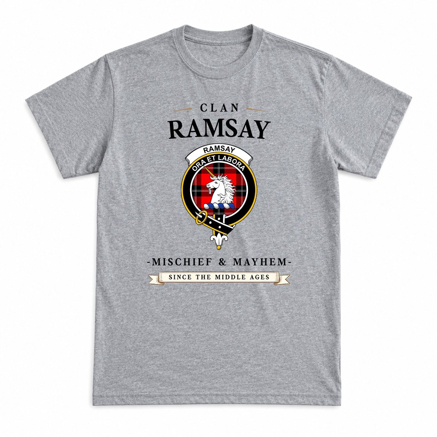 Ramsay Modern Tartan Crest Mischief and Mayhem T-shirt