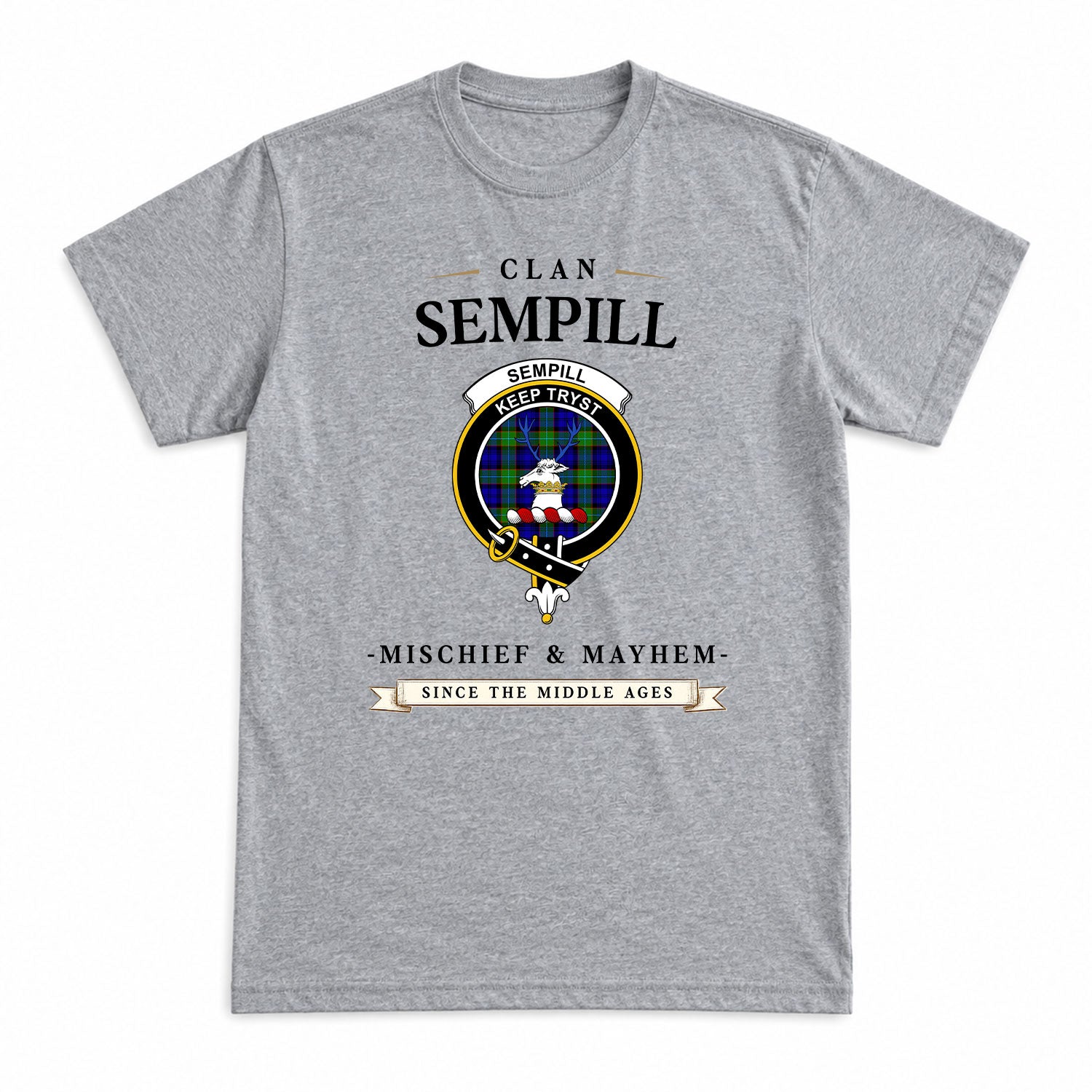 Sempill Modern Tartan Crest Mischief and Mayhem T-shirt