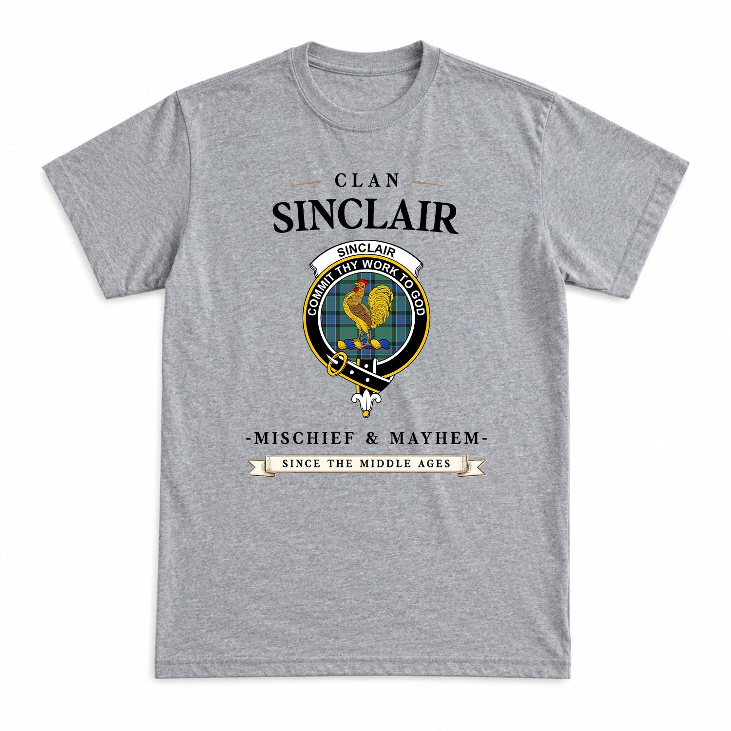 Sinclair Hunting Ancient Tartan Crest Mischief and Mayhem T-shirt
