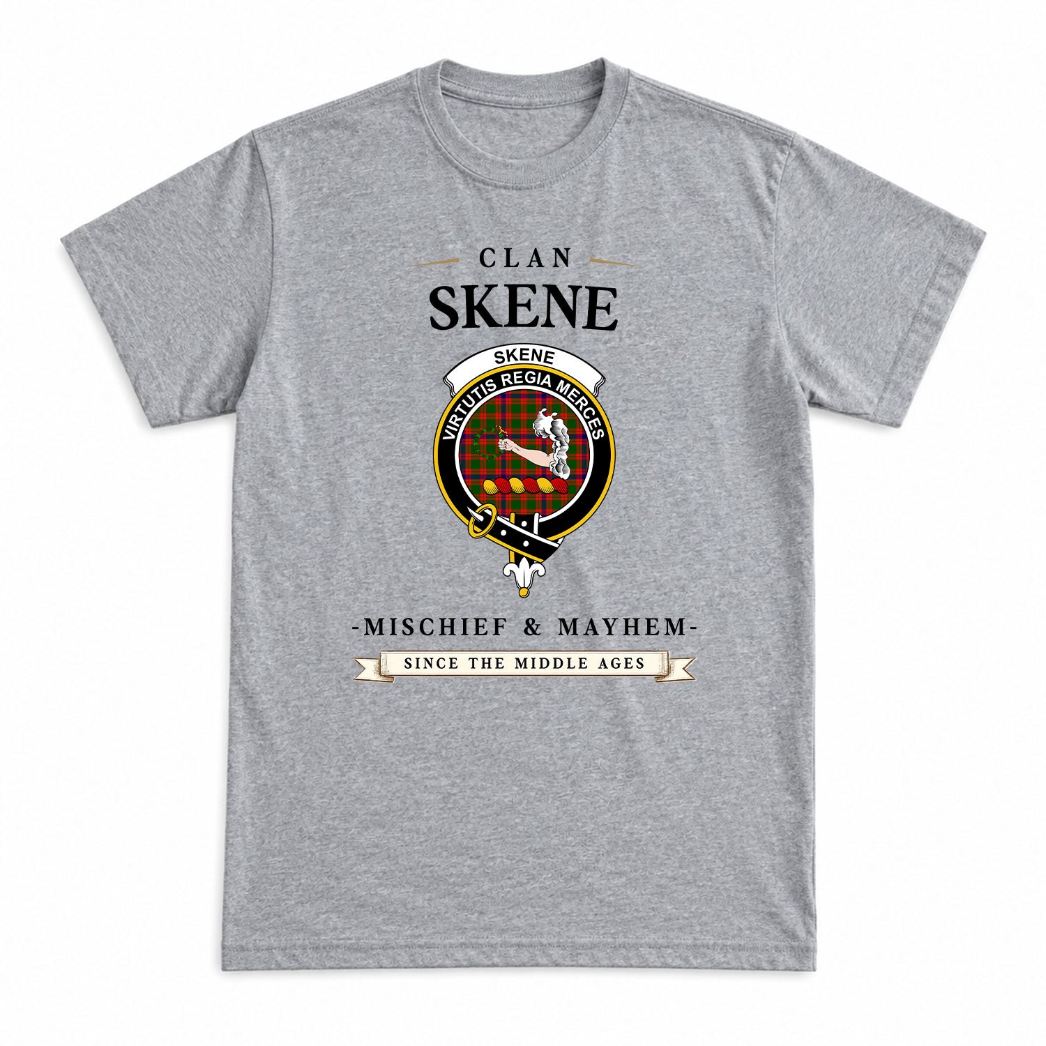 Skene Modern Tartan Crest Mischief and Mayhem T-shirt