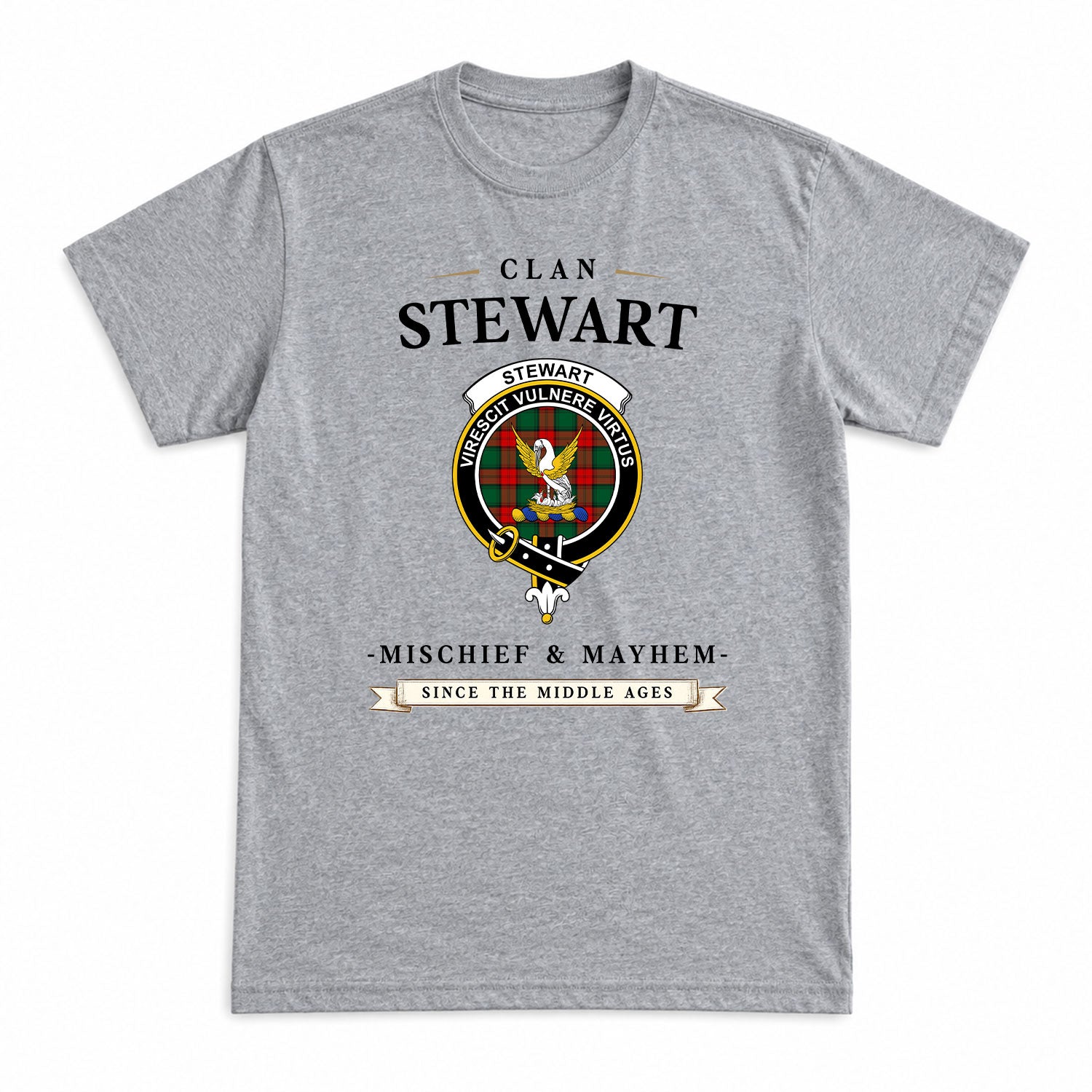 Stewart Atholl Modern Tartan Crest Mischief and Mayhem T-shirt