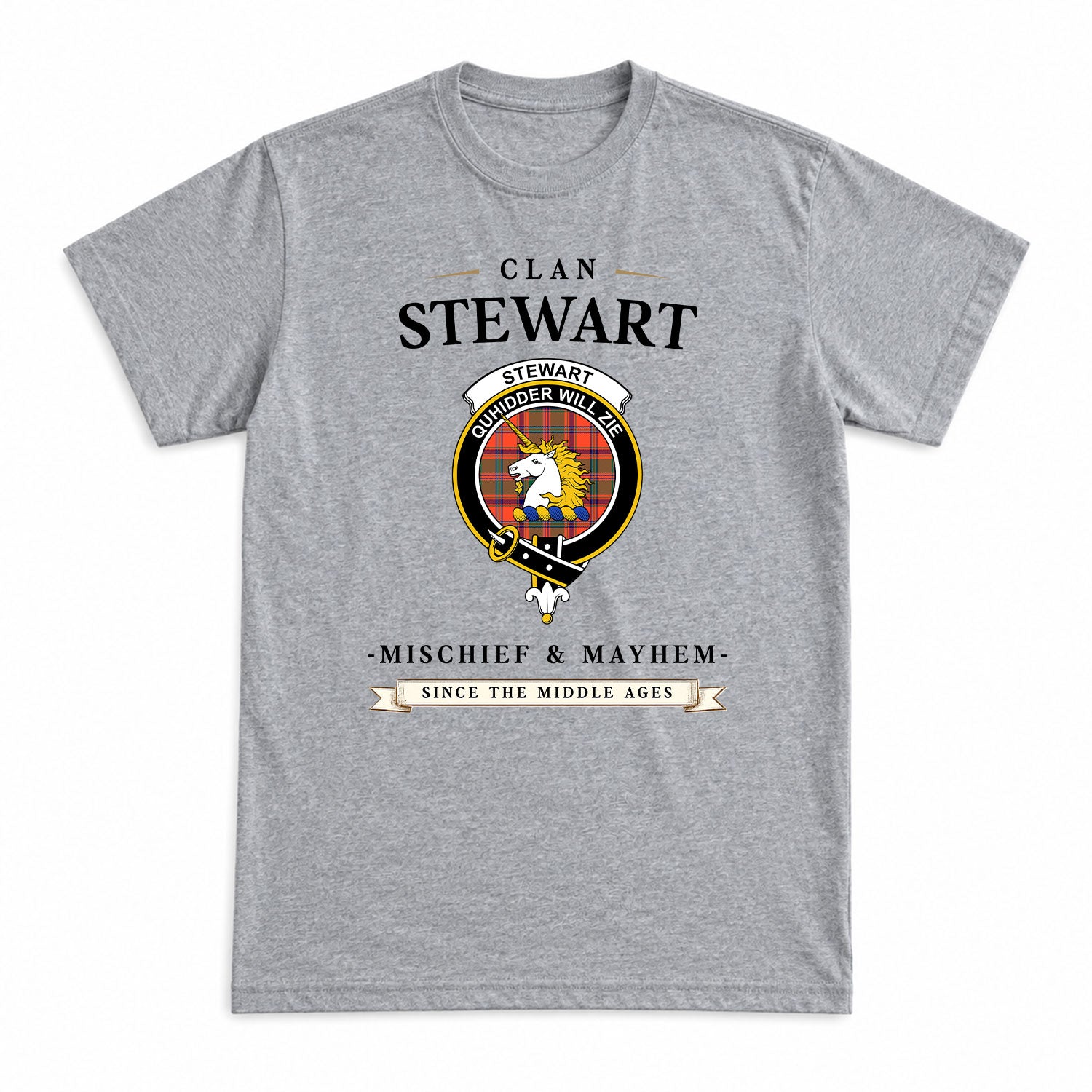 Stewart of Appin Ancient Tartan Crest Mischief and Mayhem T-shirt