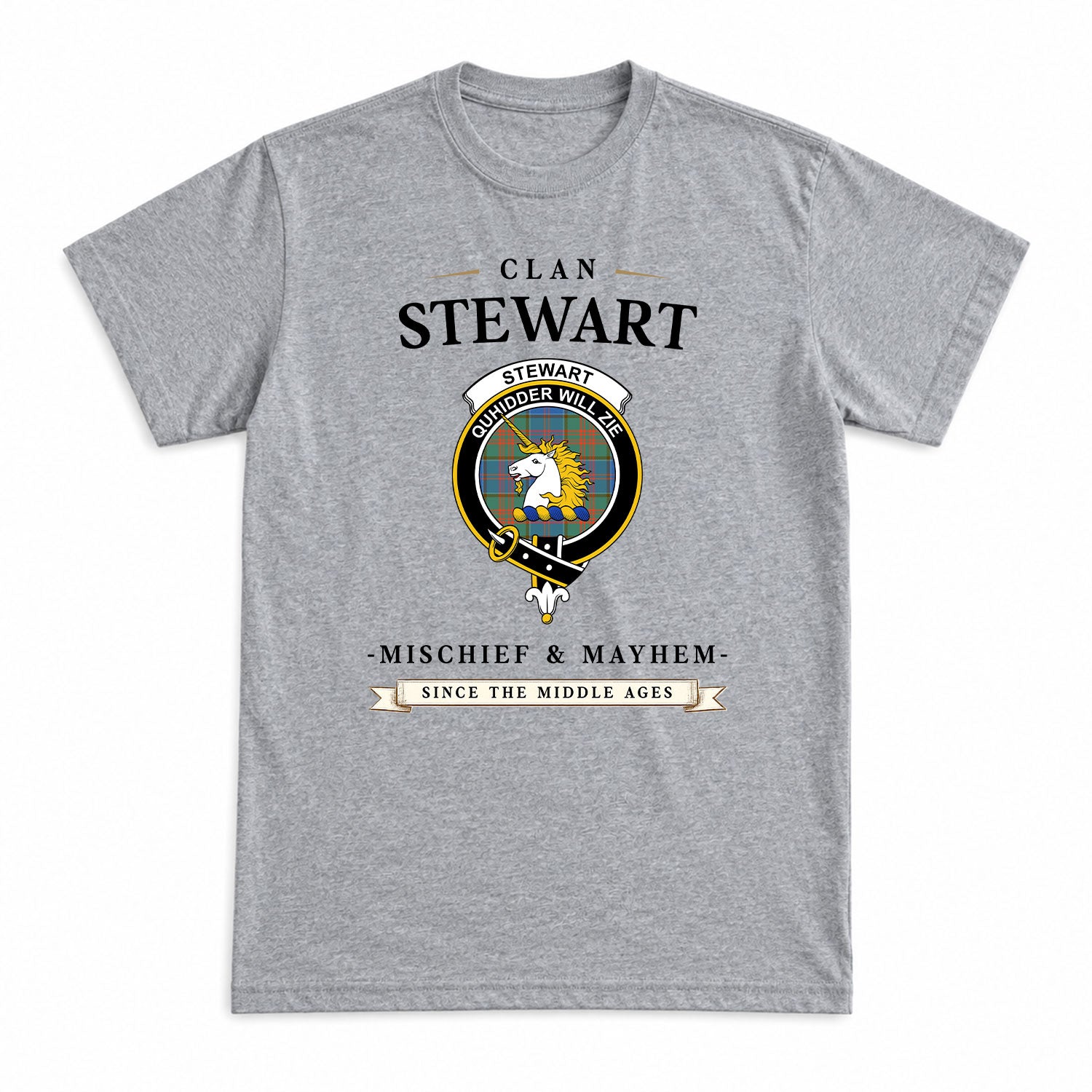 Stewart of Appin Hunting Ancient Tartan Crest Mischief and Mayhem T-shirt