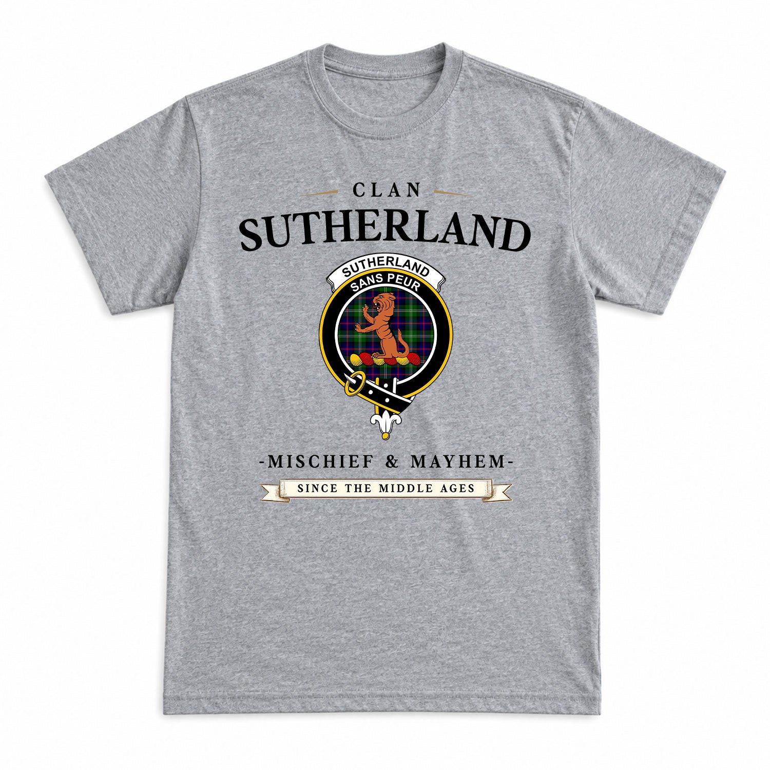 Sutherland Modern Tartan Crest Mischief and Mayhem T-shirt