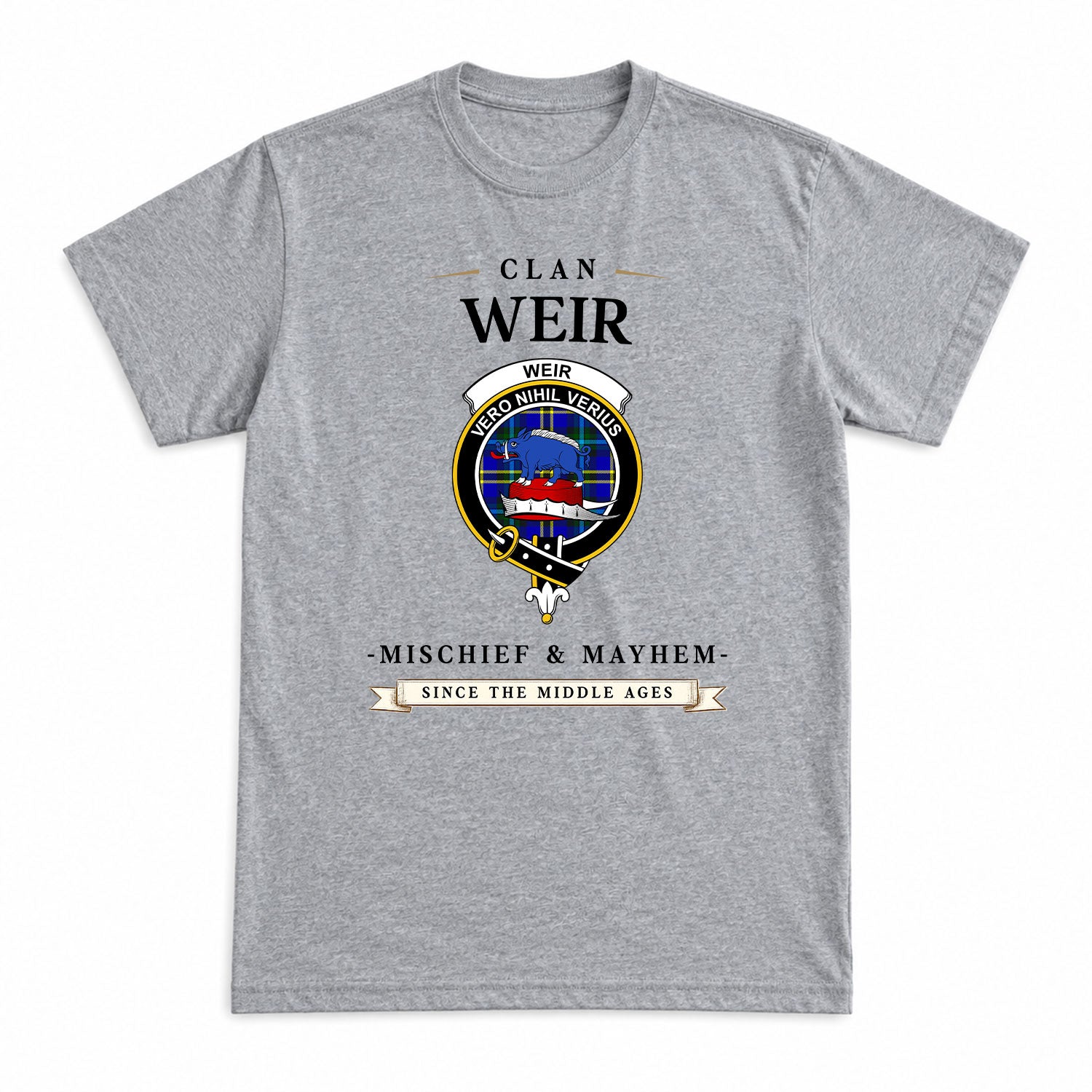 Weir Modern Tartan Crest Mischief and Mayhem T-shirt