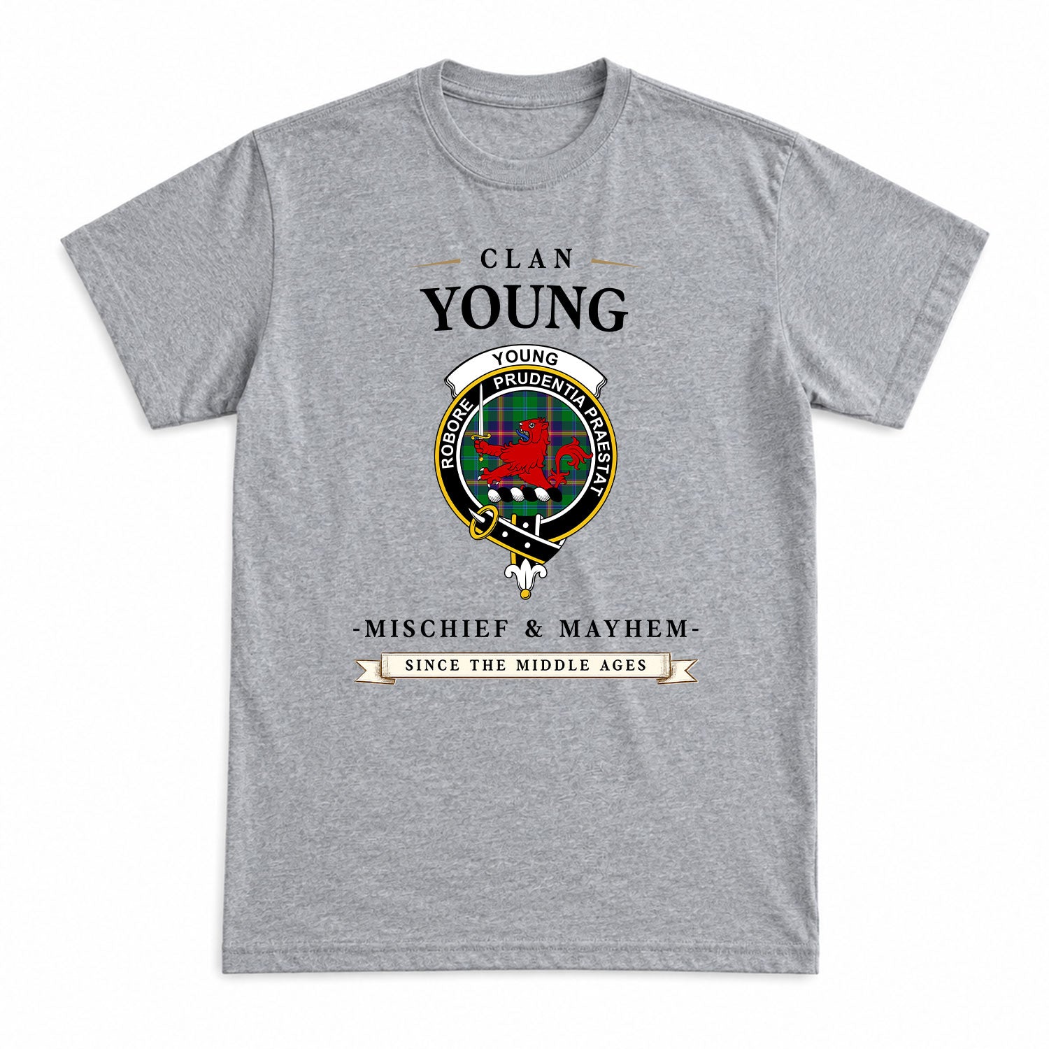 Young Modern Tartan Crest Mischief and Mayhem T-shirt