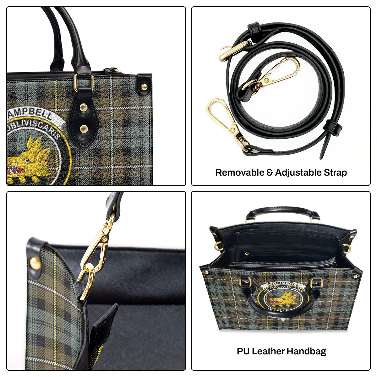 Campbell Argyll Weathered Tartan Crest Leather Handbag