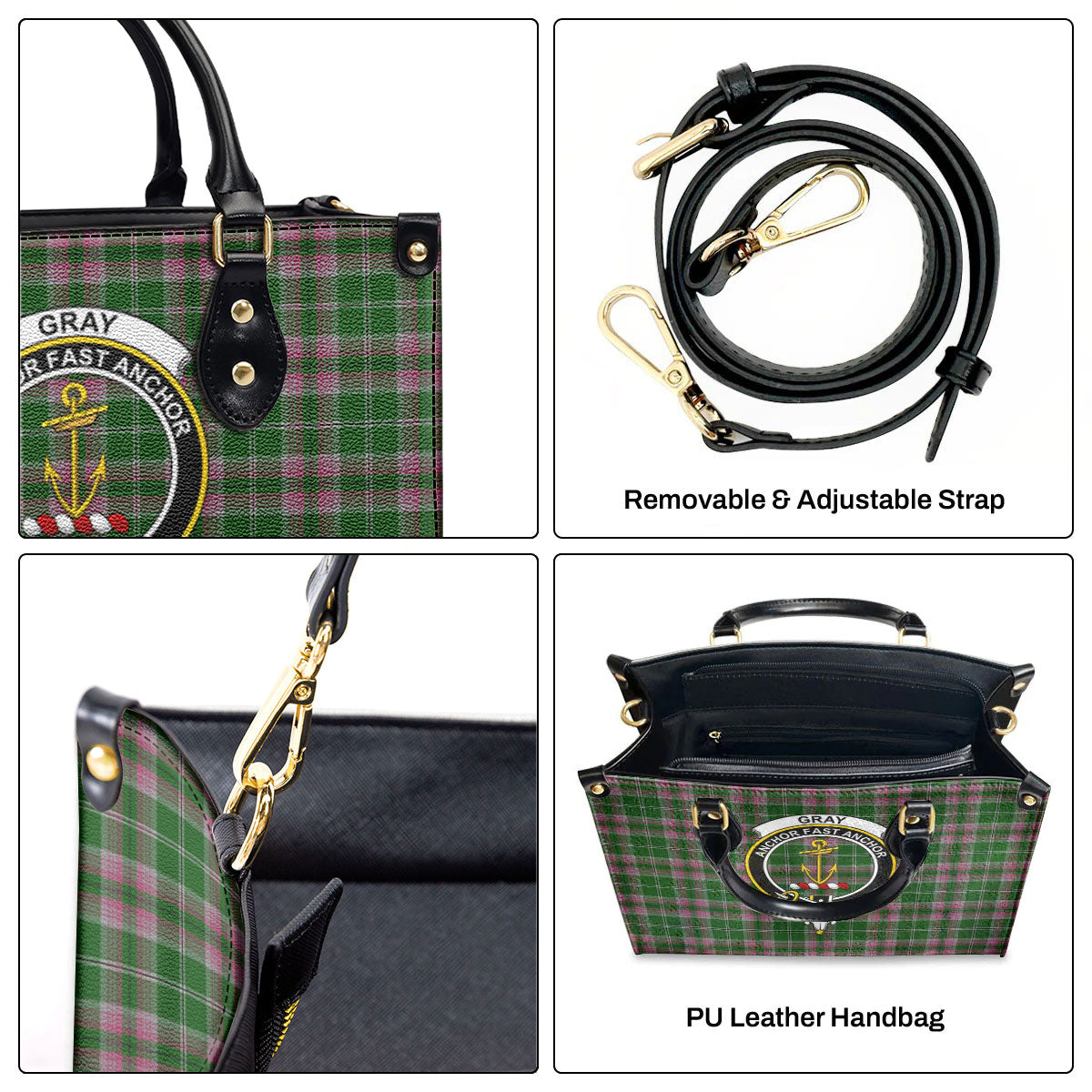 Gray Hunting Tartan Crest Leather Handbag