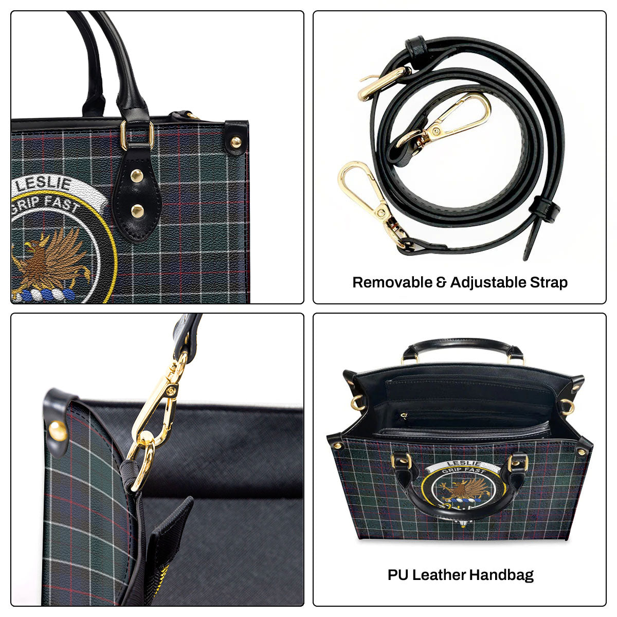 Leslie Hunting Modern Tartan Crest Leather Handbag