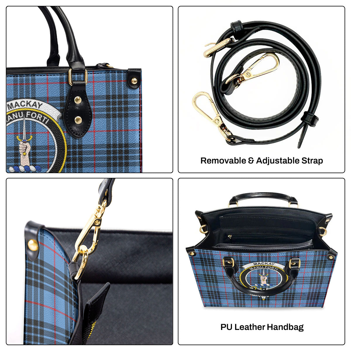 MacKay Blue Tartan Crest Leather Handbag