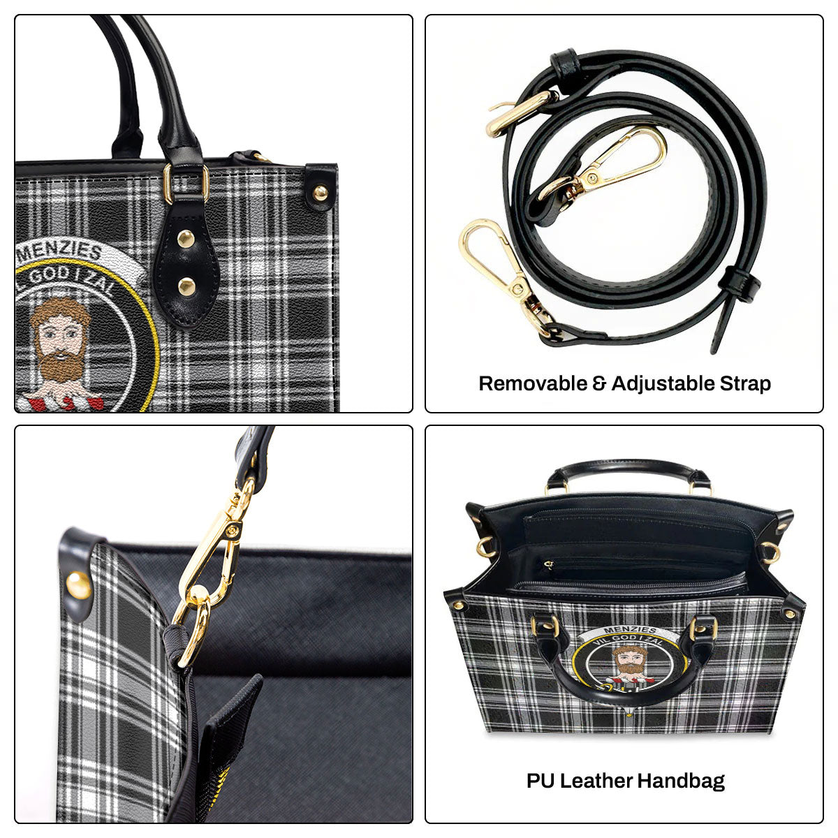 Menzies Black - White Modern Tartan Crest Leather Handbag