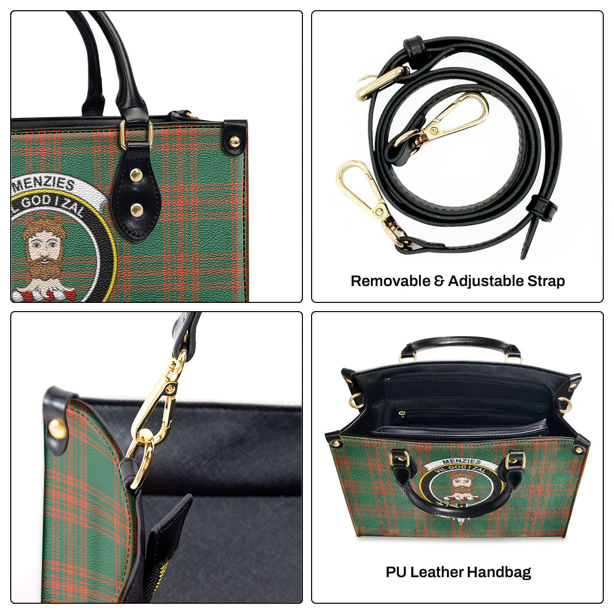 Menzies Green Ancient Tartan Crest Leather Handbag