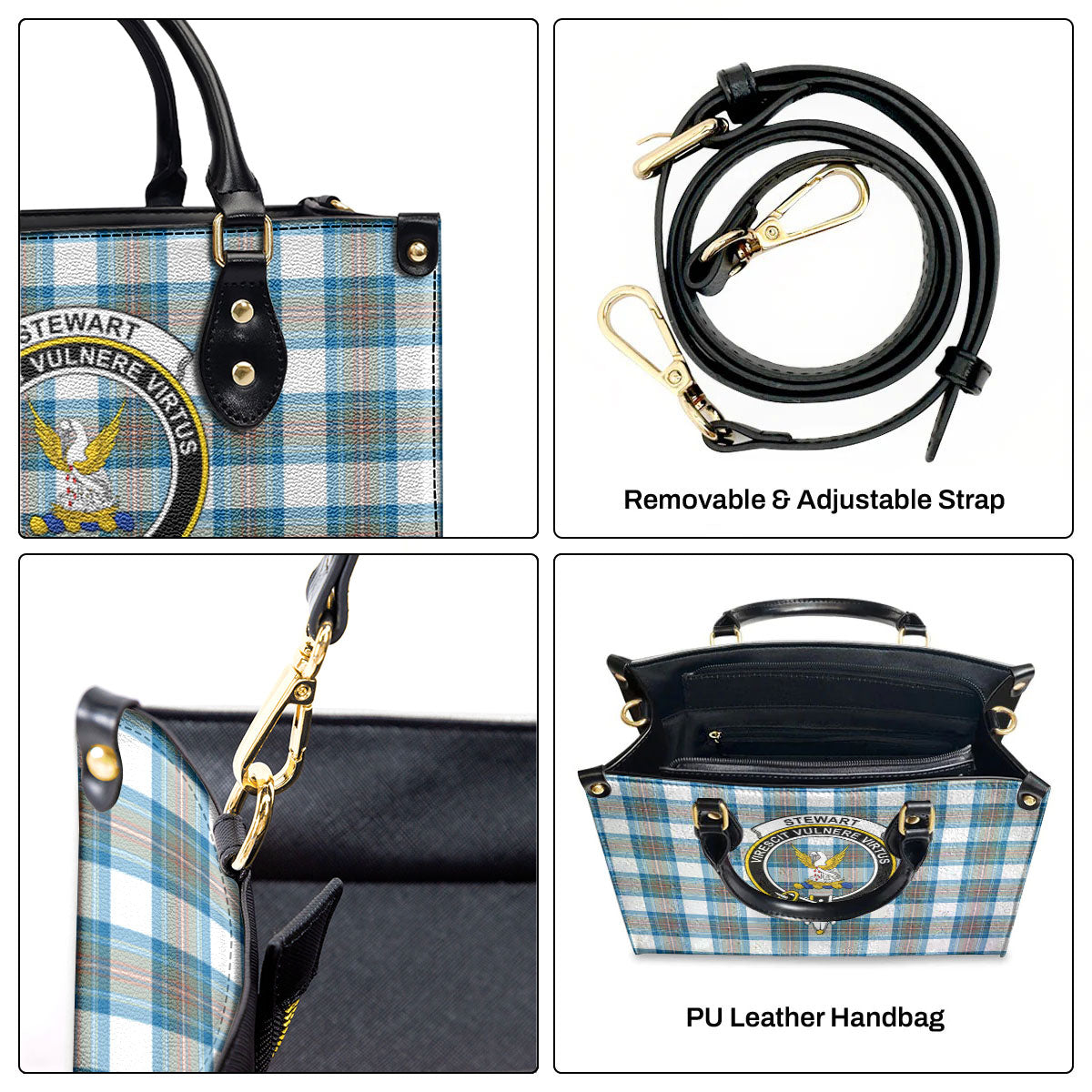 Stewart Muted Blue Tartan Crest Leather Handbag