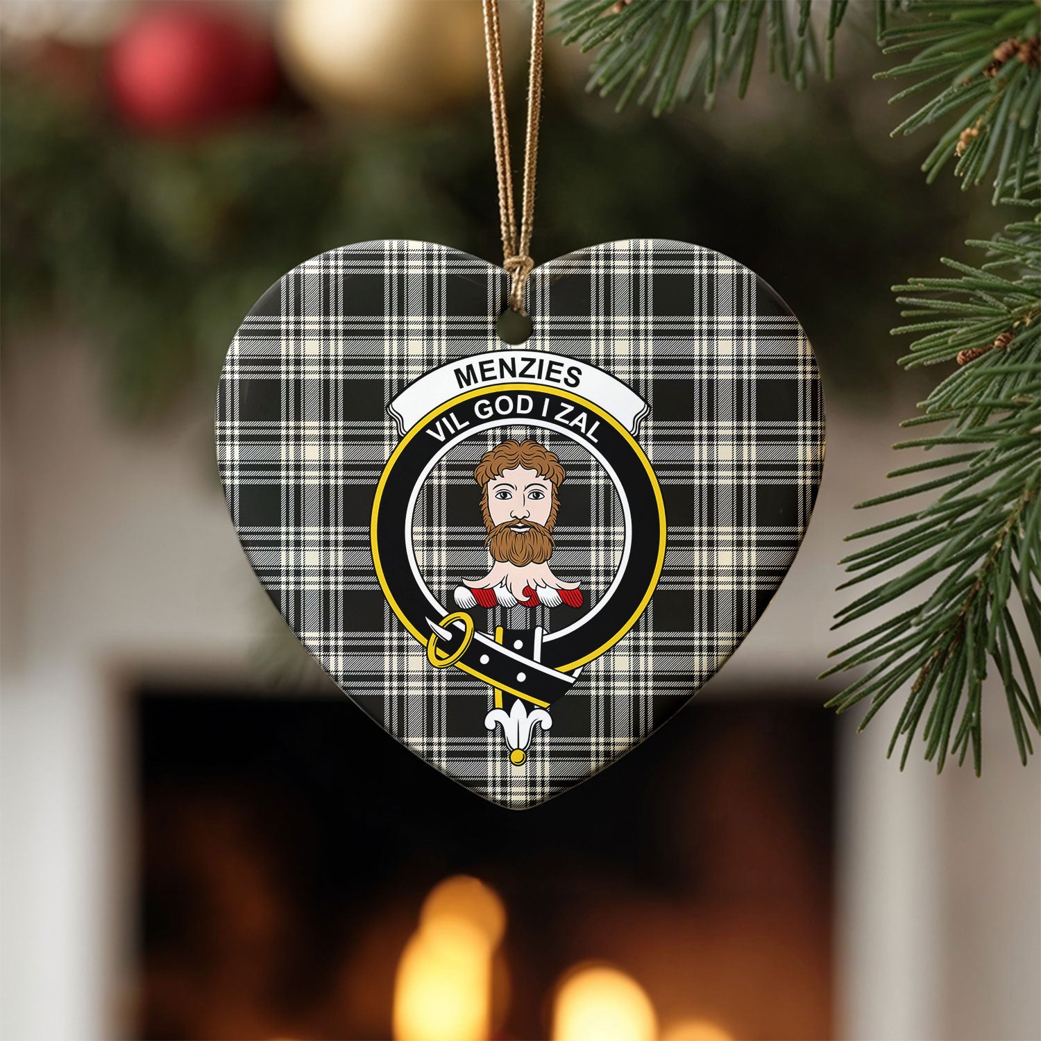 Menzies Black - White Ancient Tartan Crest Christmas Ceramic Ornament
